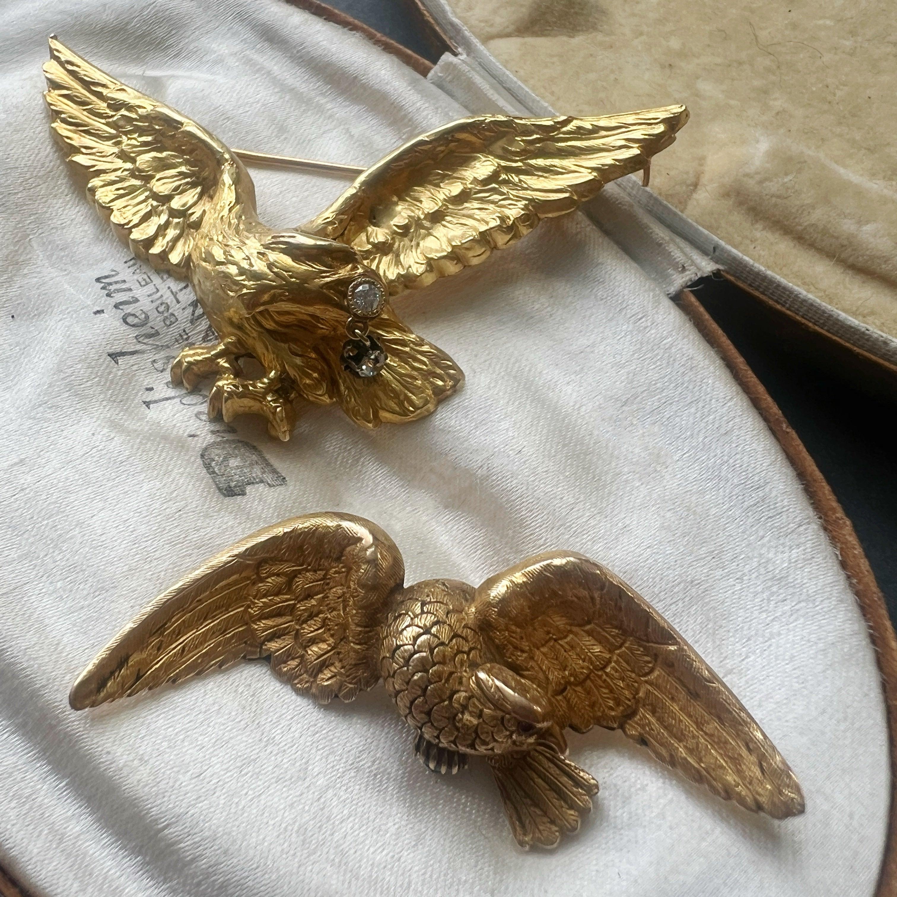 Large French Art Nouveau 18K gold diamond eagle brooch - Curiously timeless