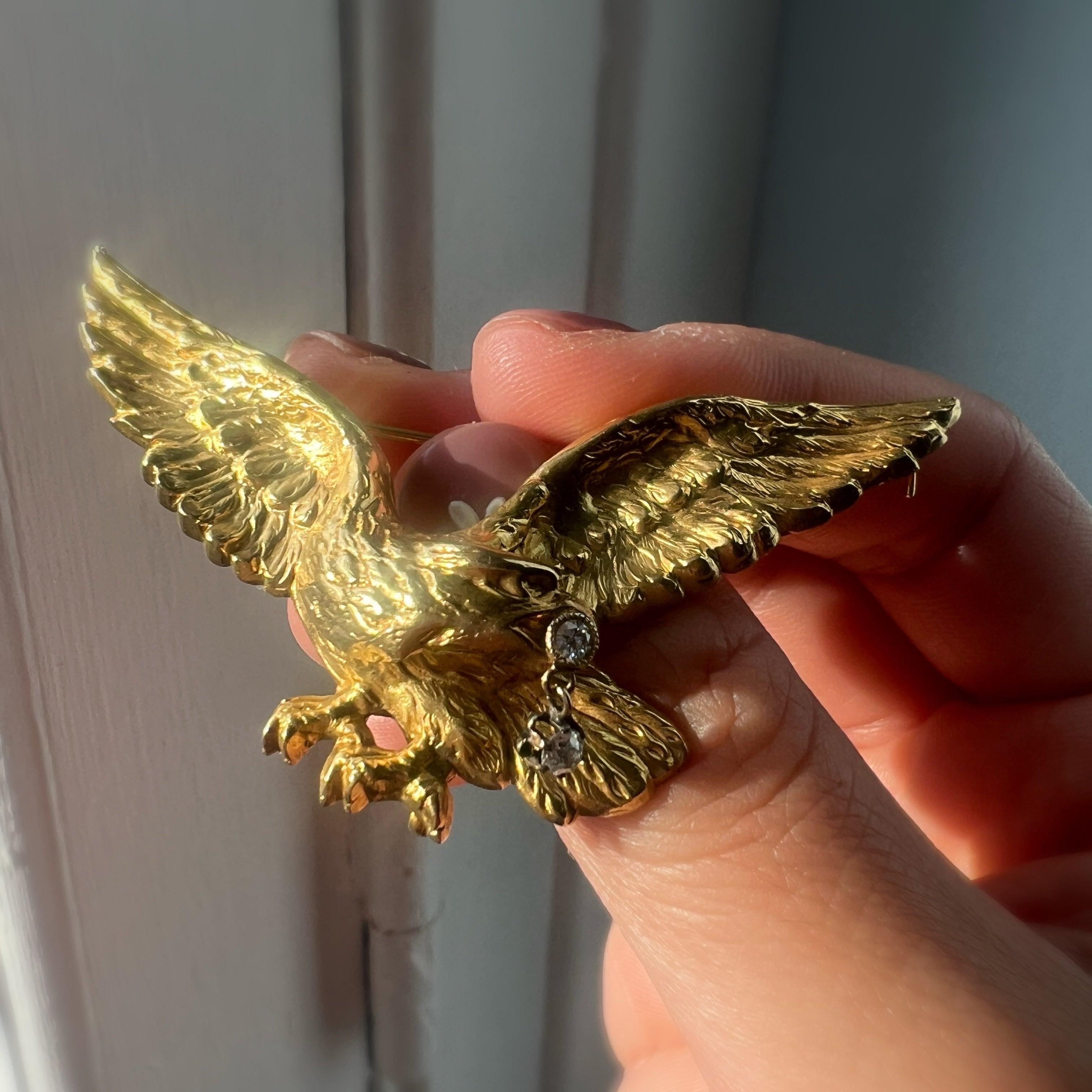 Large French Art Nouveau 18K gold diamond eagle brooch - Curiously timeless