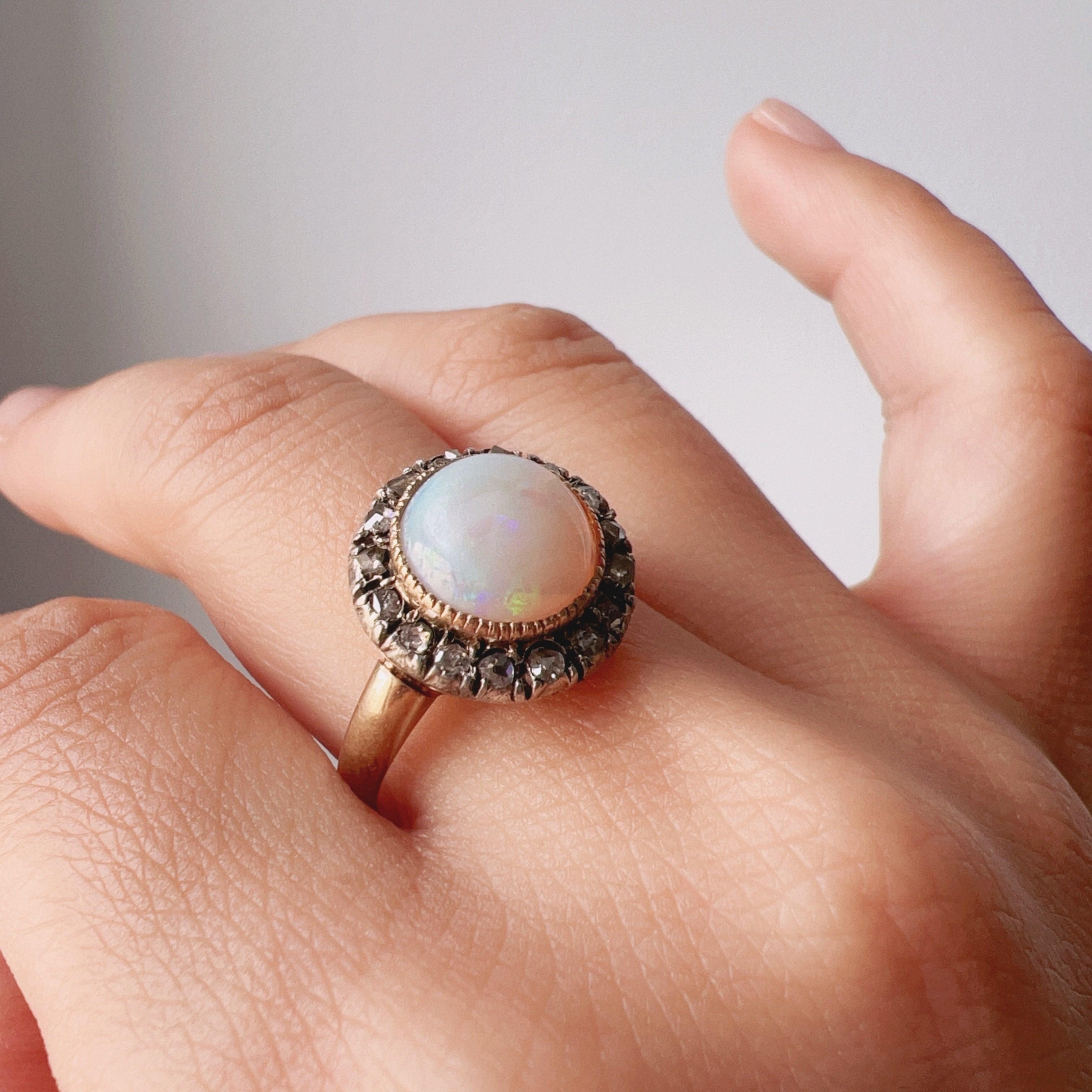 Victorian era 18K gold opal cabochon diamond halo ring - Curiously timeless