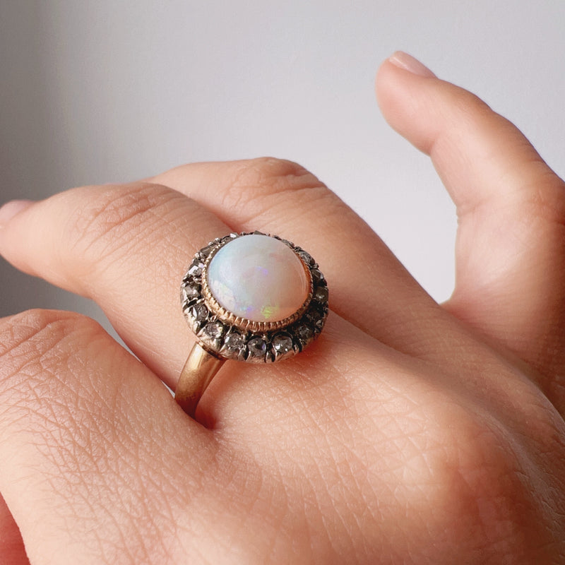 Victorian era 18K gold opal cabochon diamond halo ring