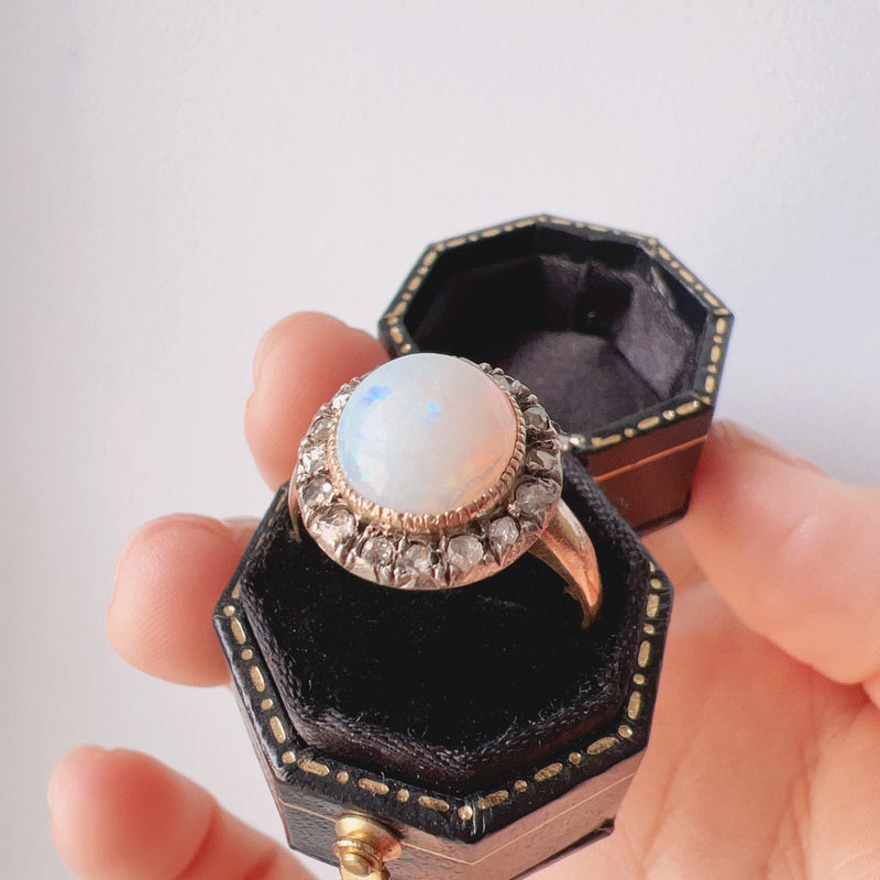 Victorian era 18K gold opal cabochon diamond halo ring