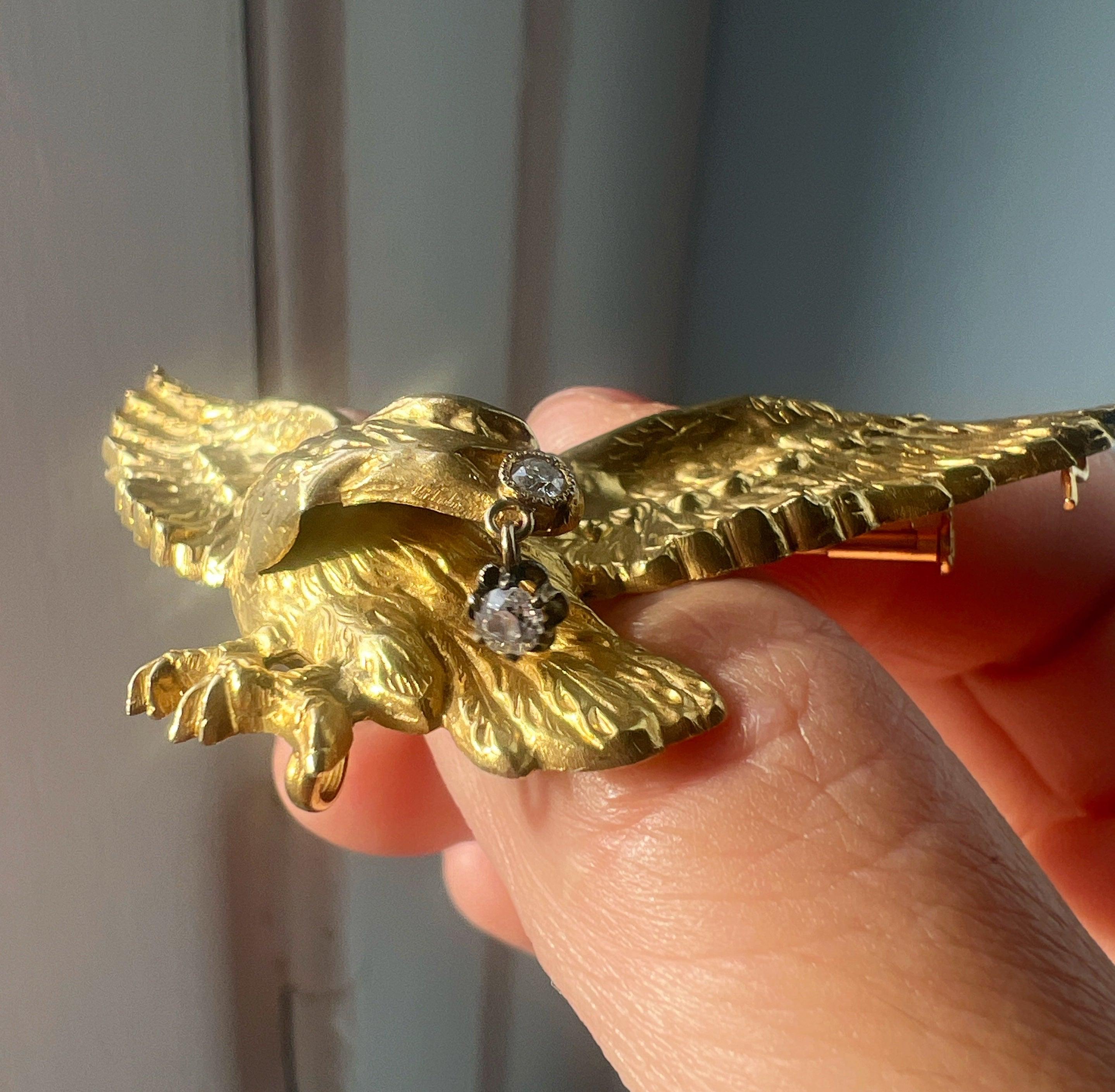 Large French Art Nouveau 18K gold diamond eagle brooch - Curiously timeless