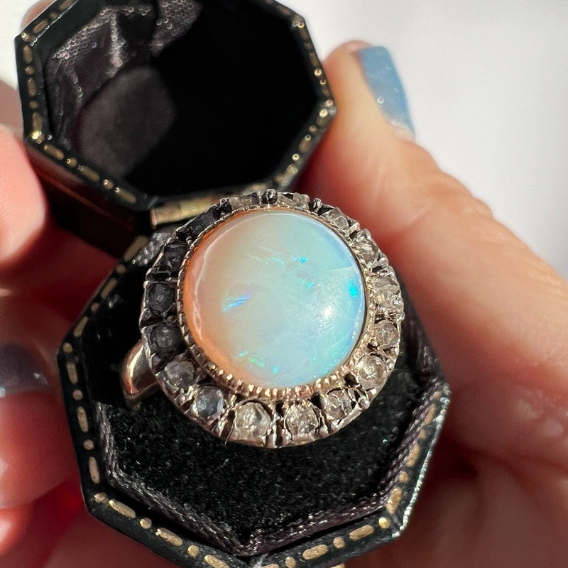 Victorian era 18K gold opal cabochon diamond halo ring