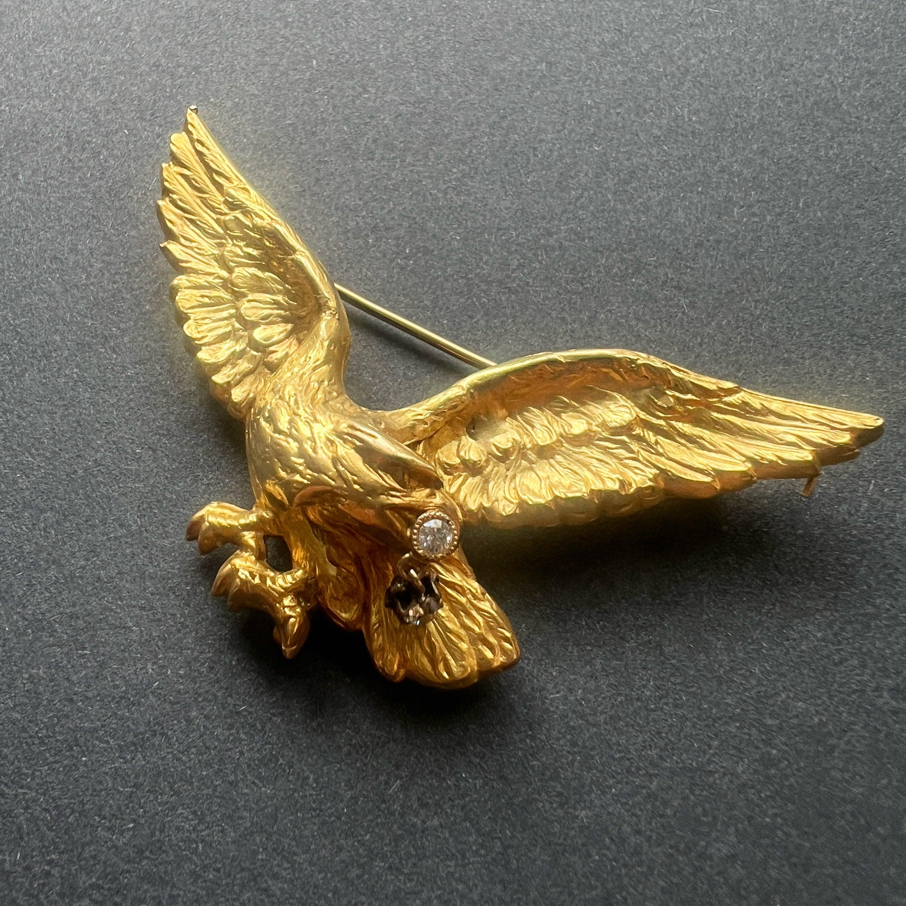 Large French Art Nouveau 18K gold diamond eagle brooch - Curiously timeless