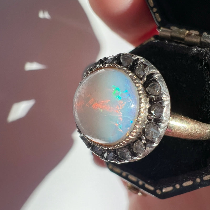 Victorian era 18K gold opal cabochon diamond halo ring