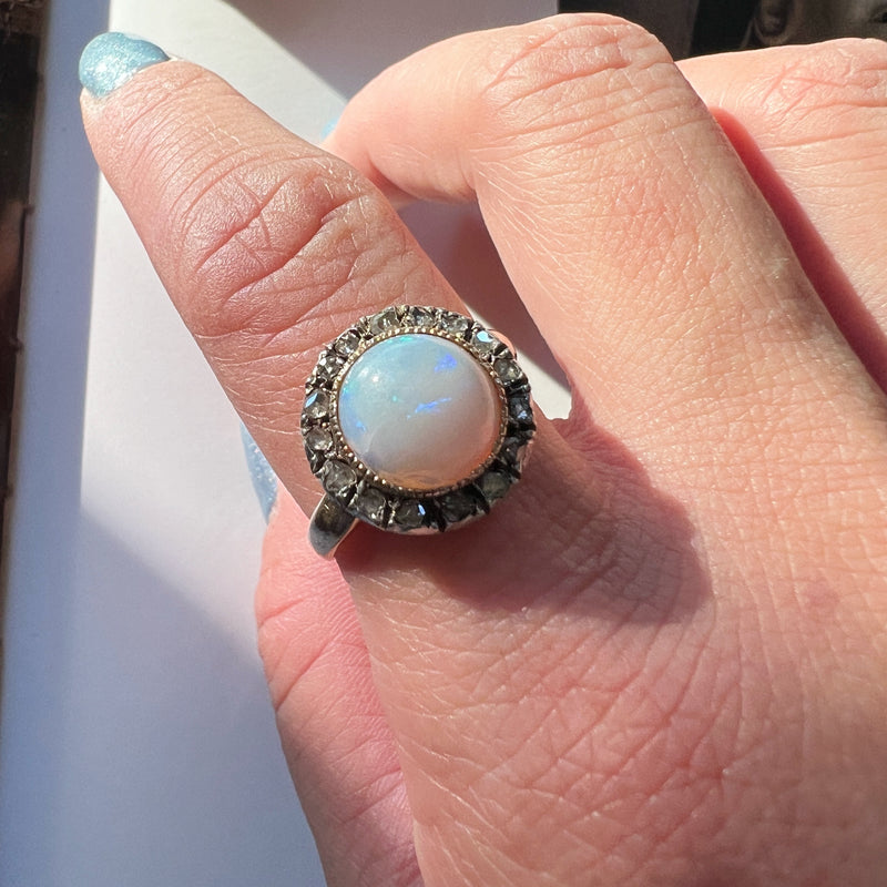 Victorian era 18K gold opal cabochon diamond halo ring