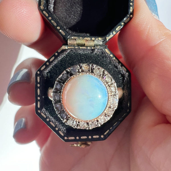 Victorian era 18K gold opal cabochon diamond halo ring