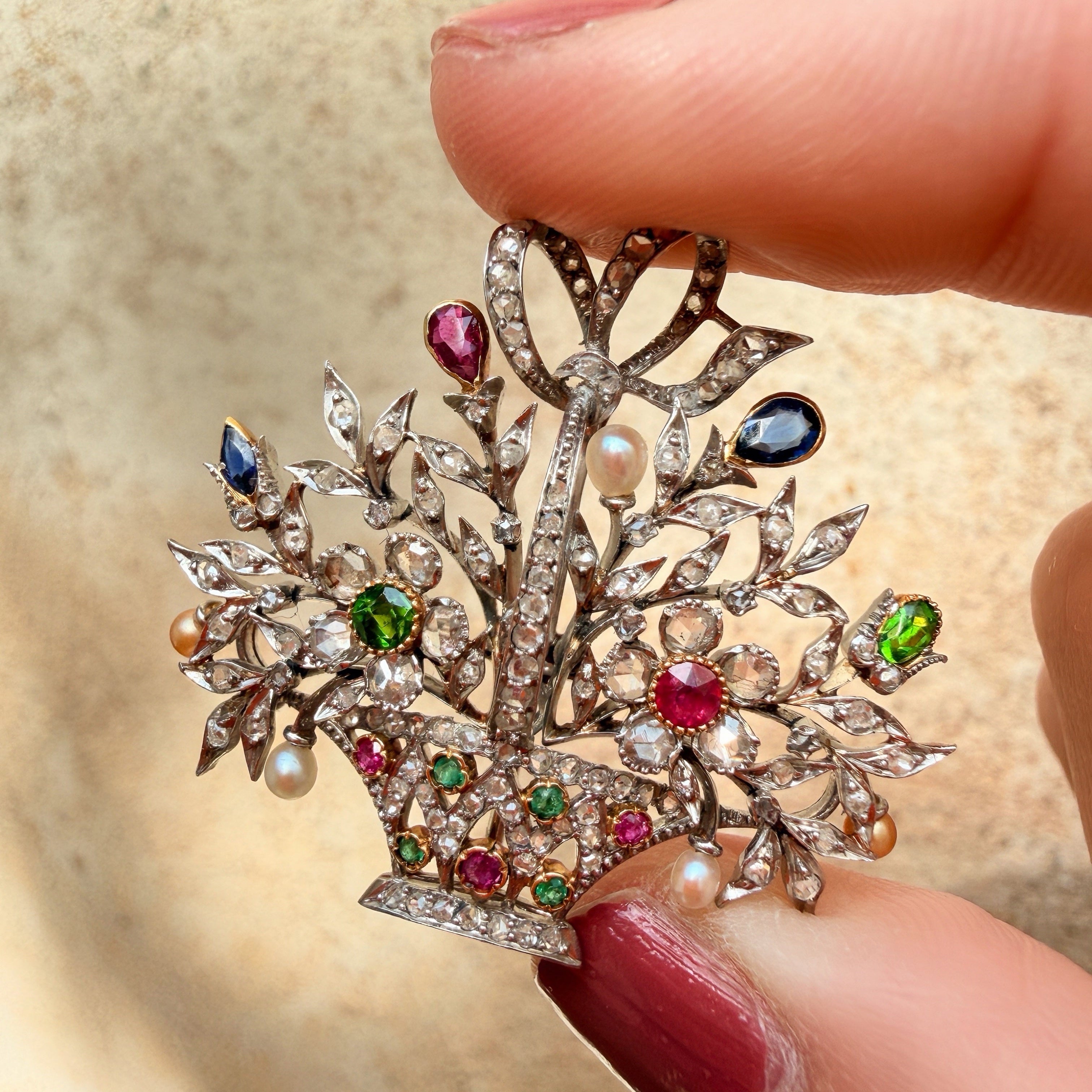 Edwardian 18K gold multi gemstones flower basket pendant