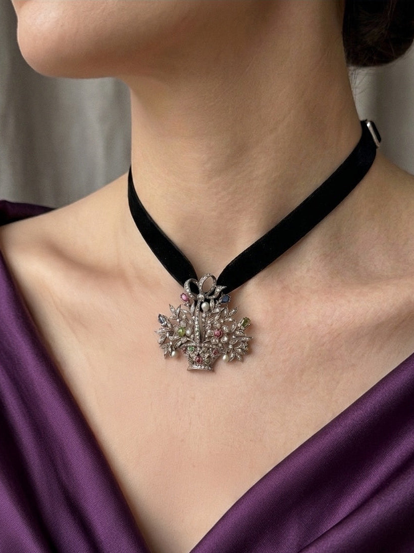 Edwardian 18K gold multi gemstones flower basket pendant