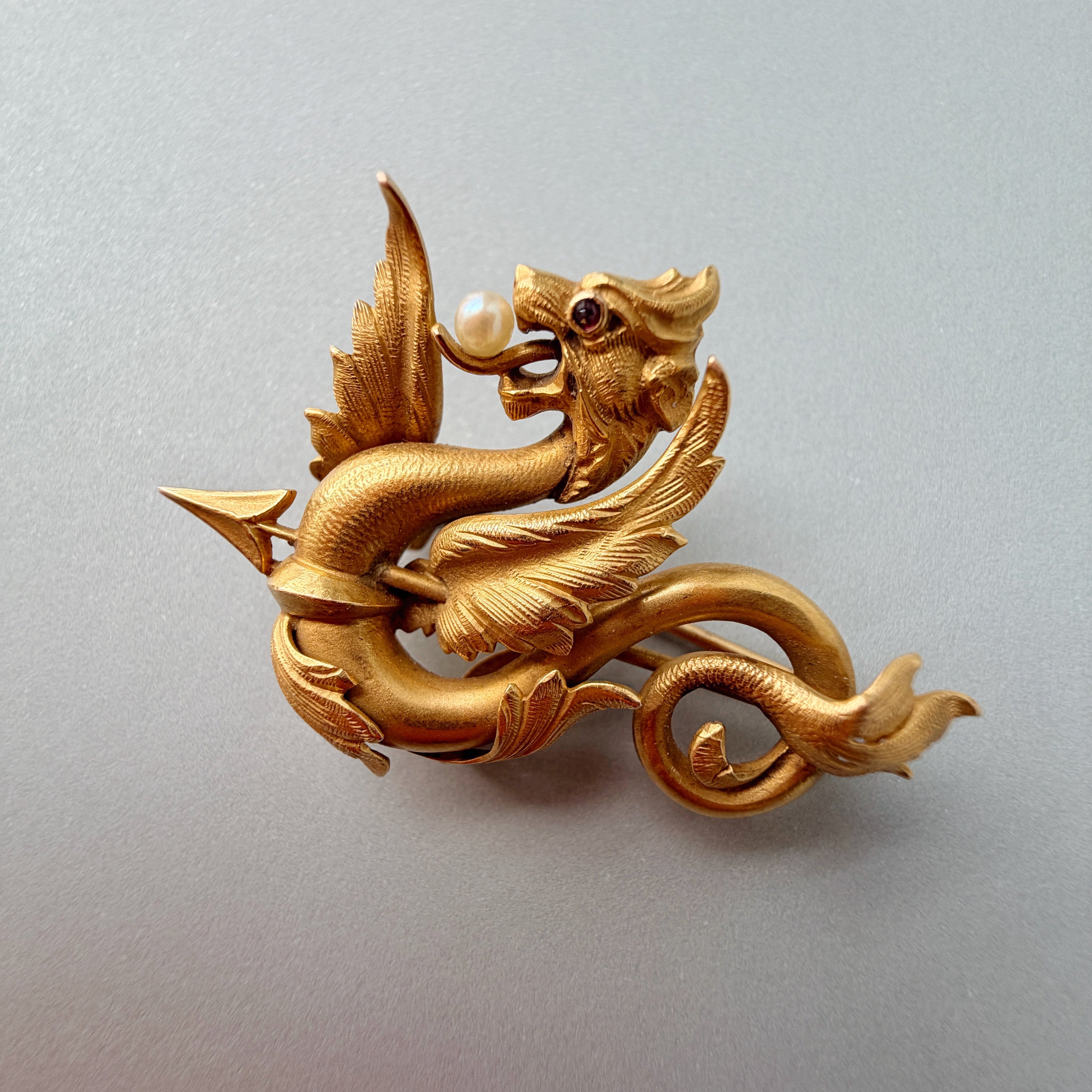 French Art Nouveau 18K Gold Chimera Brooch