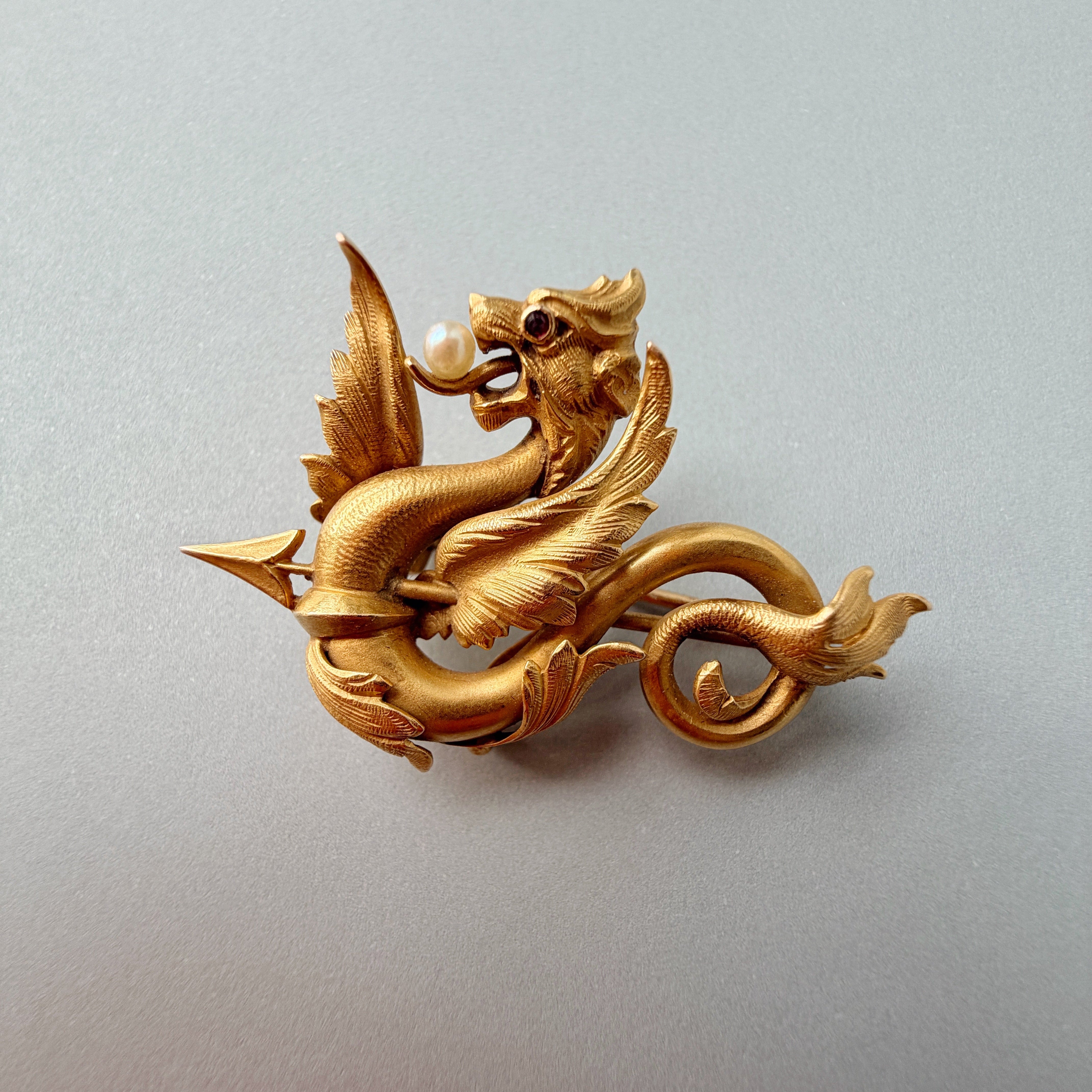 French Art Nouveau 18K Gold Chimera Brooch