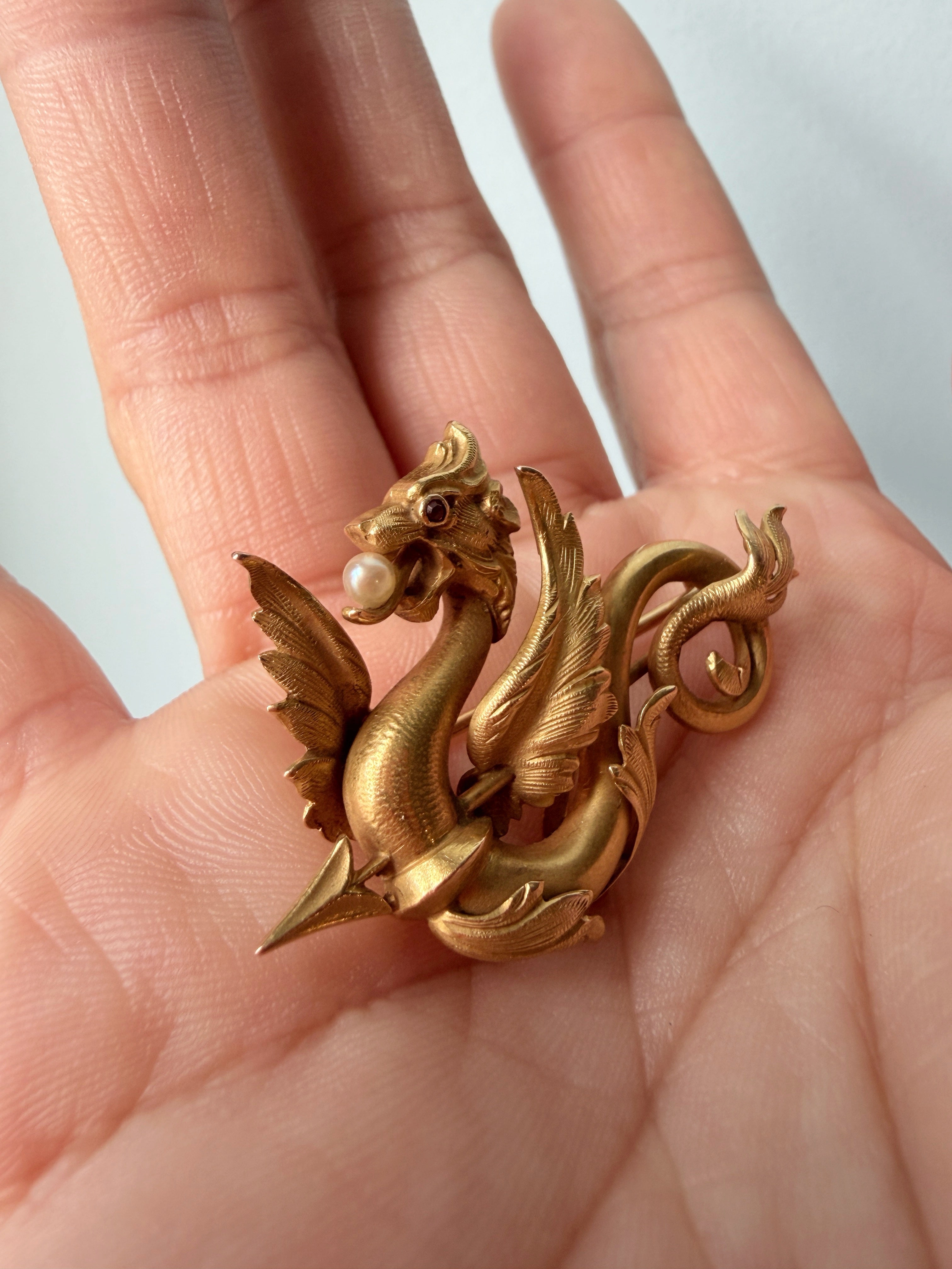 French Art Nouveau 18K Gold Chimera Brooch