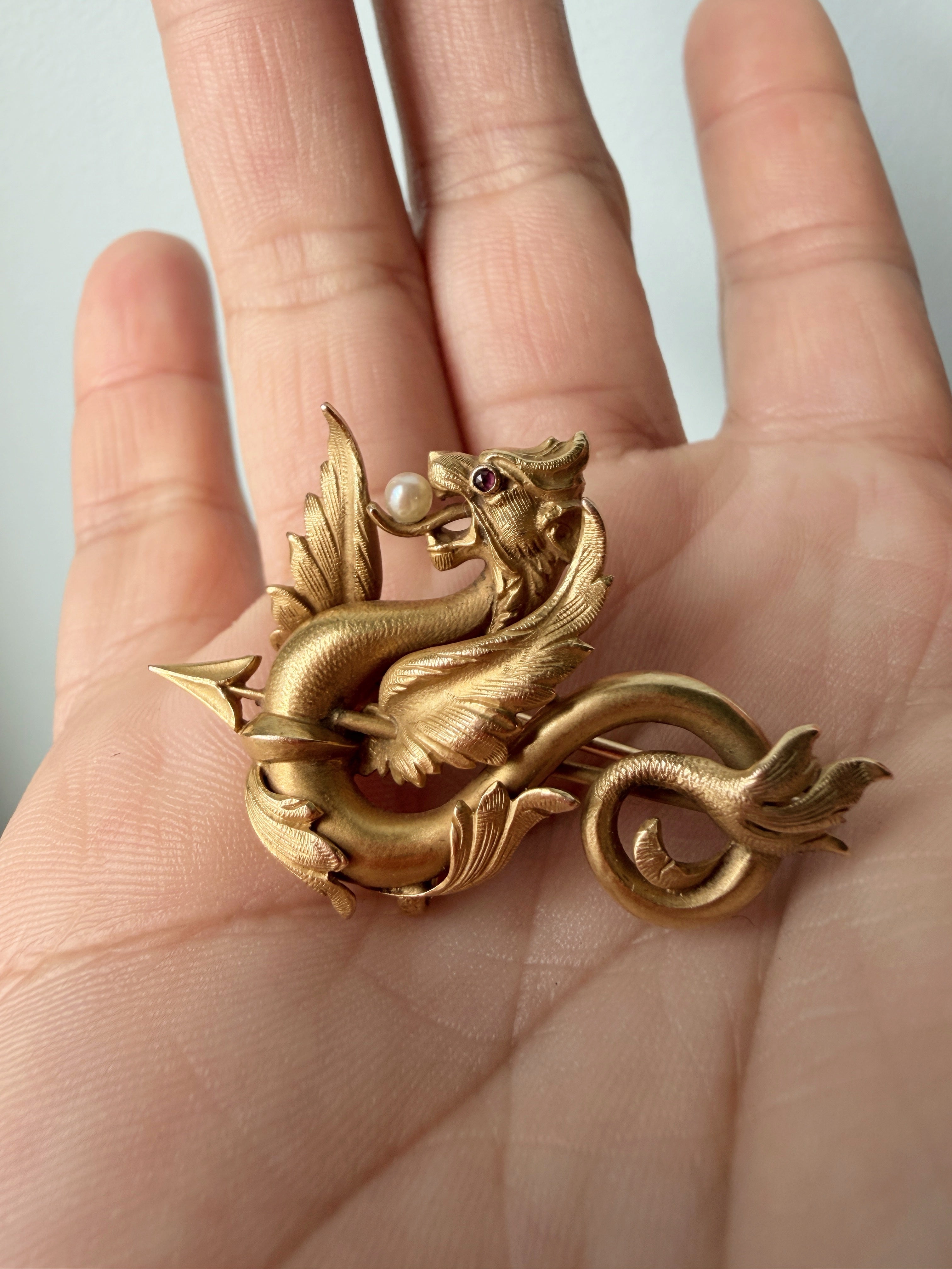 French Art Nouveau 18K Gold Chimera Brooch