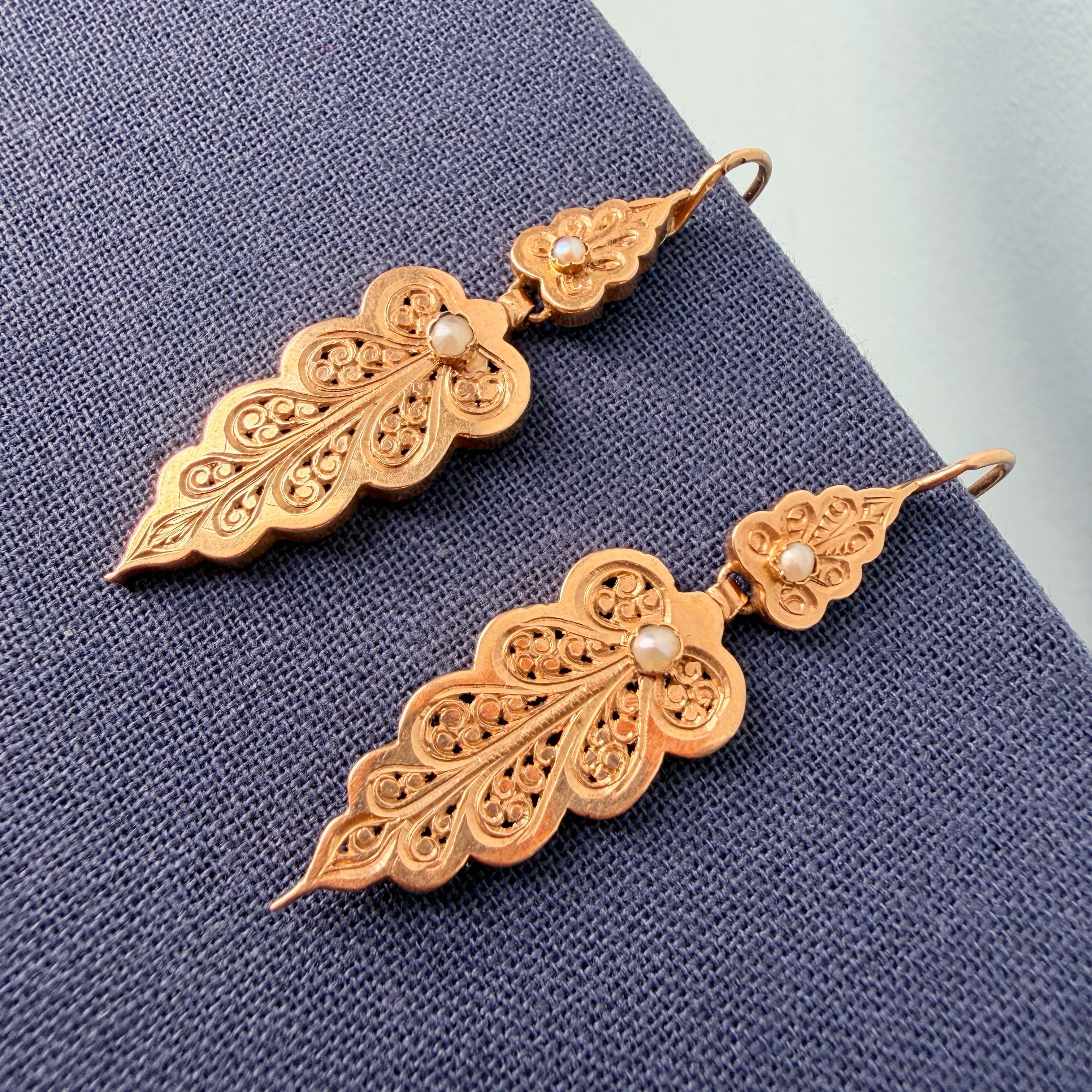 Victorian era French 18K Gold Leaf Pearl Earrings