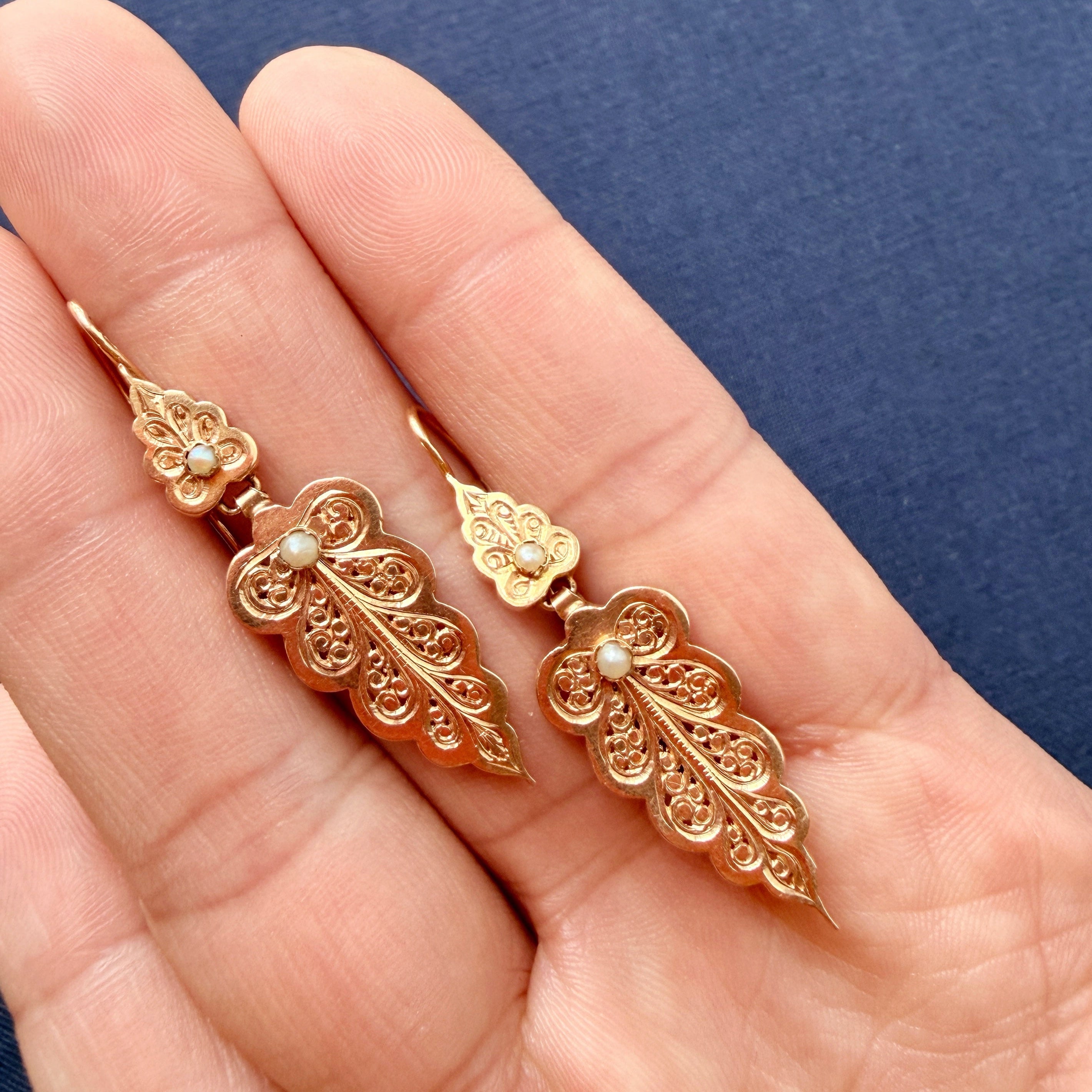 Victorian era French 18K Gold Leaf Pearl Earrings