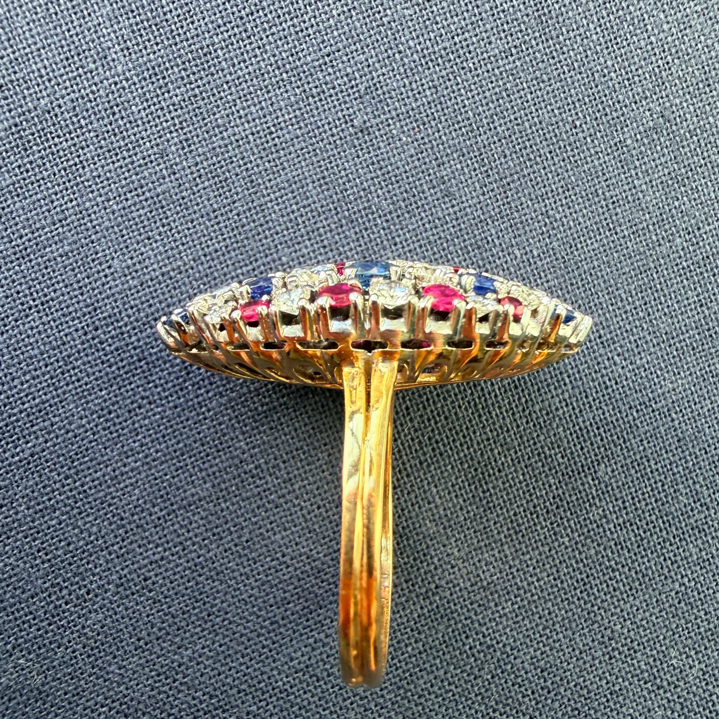Vintage 18K Gold Diamonds, Sapphires & Rubies marquise ring