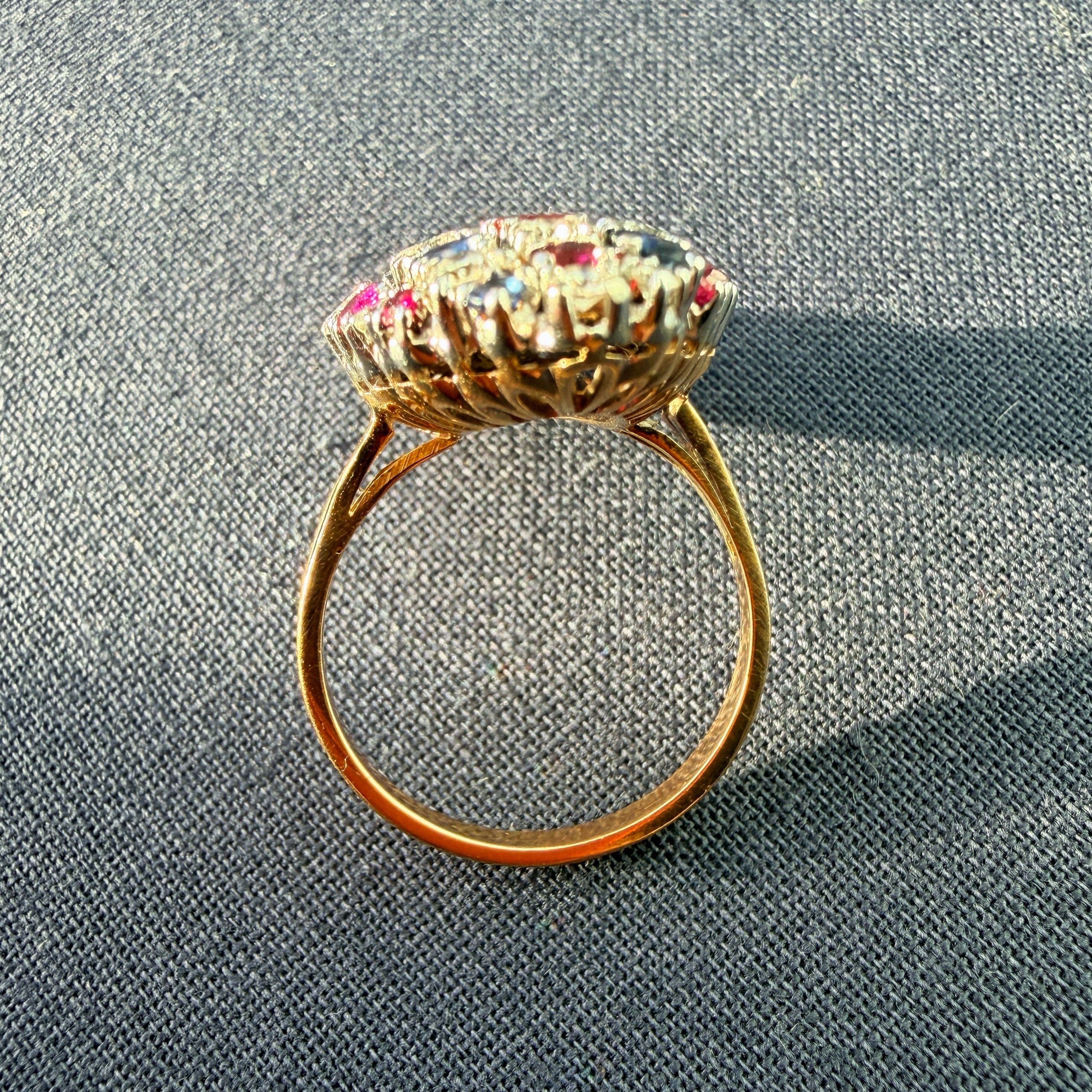 Vintage 18K Gold Diamonds, Sapphires & Rubies marquise ring