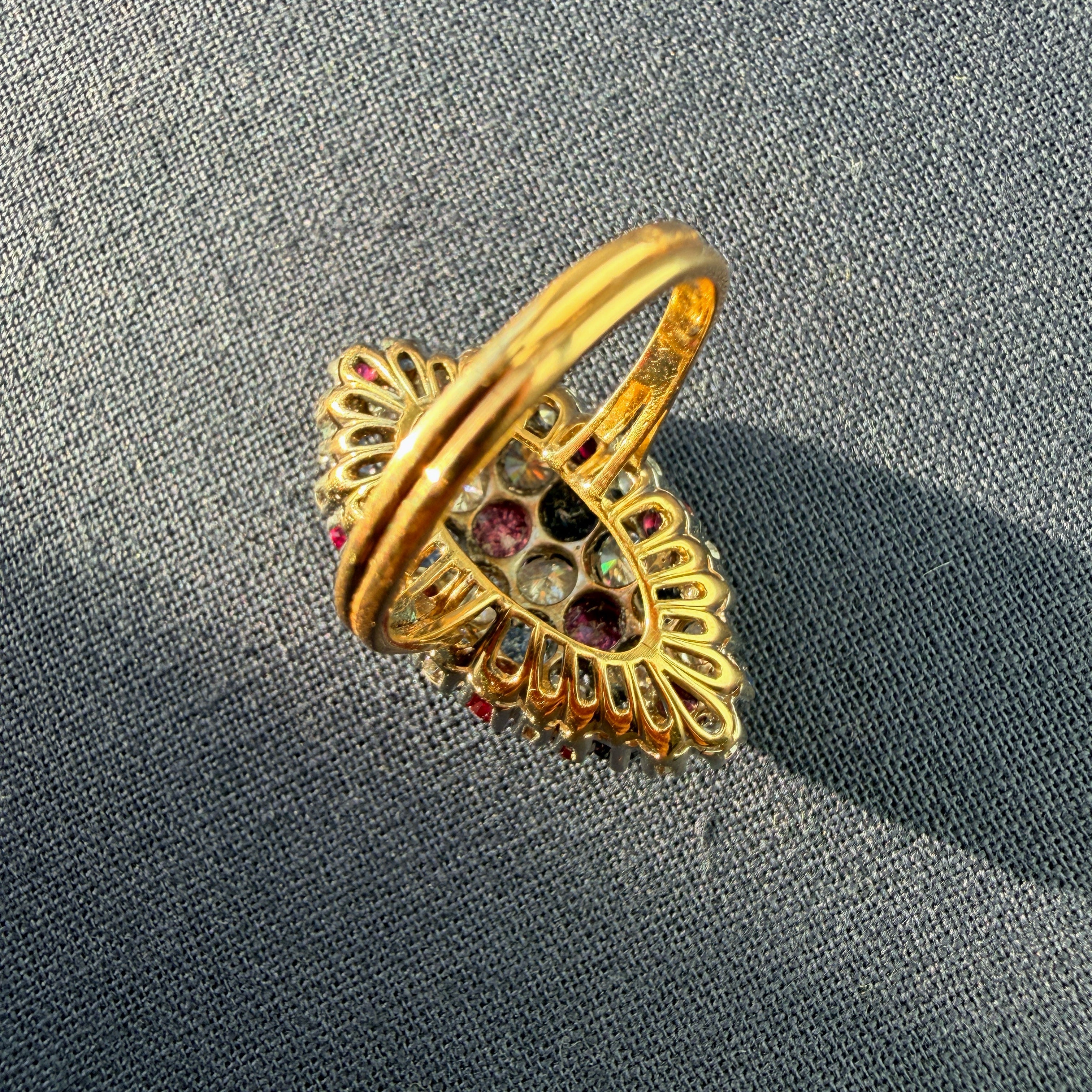Vintage 18K Gold Diamonds, Sapphires & Rubies marquise ring
