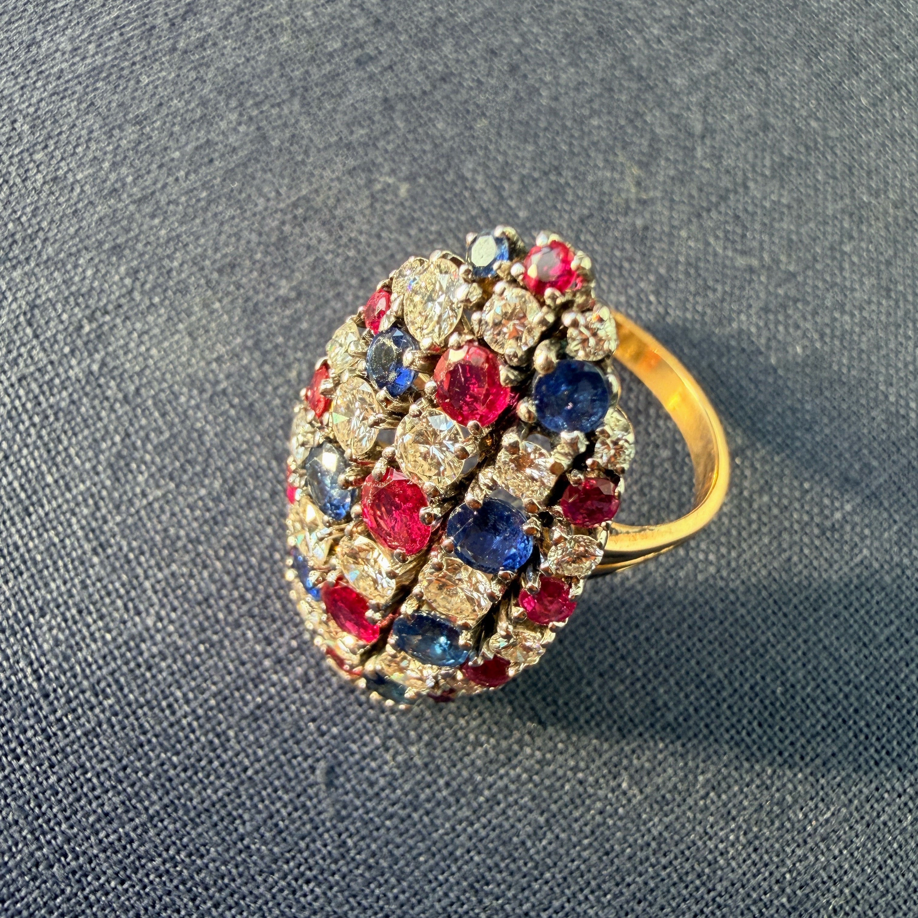 French Vintage 18K Gold Diamonds, Sapphires & Rubies marquise ring