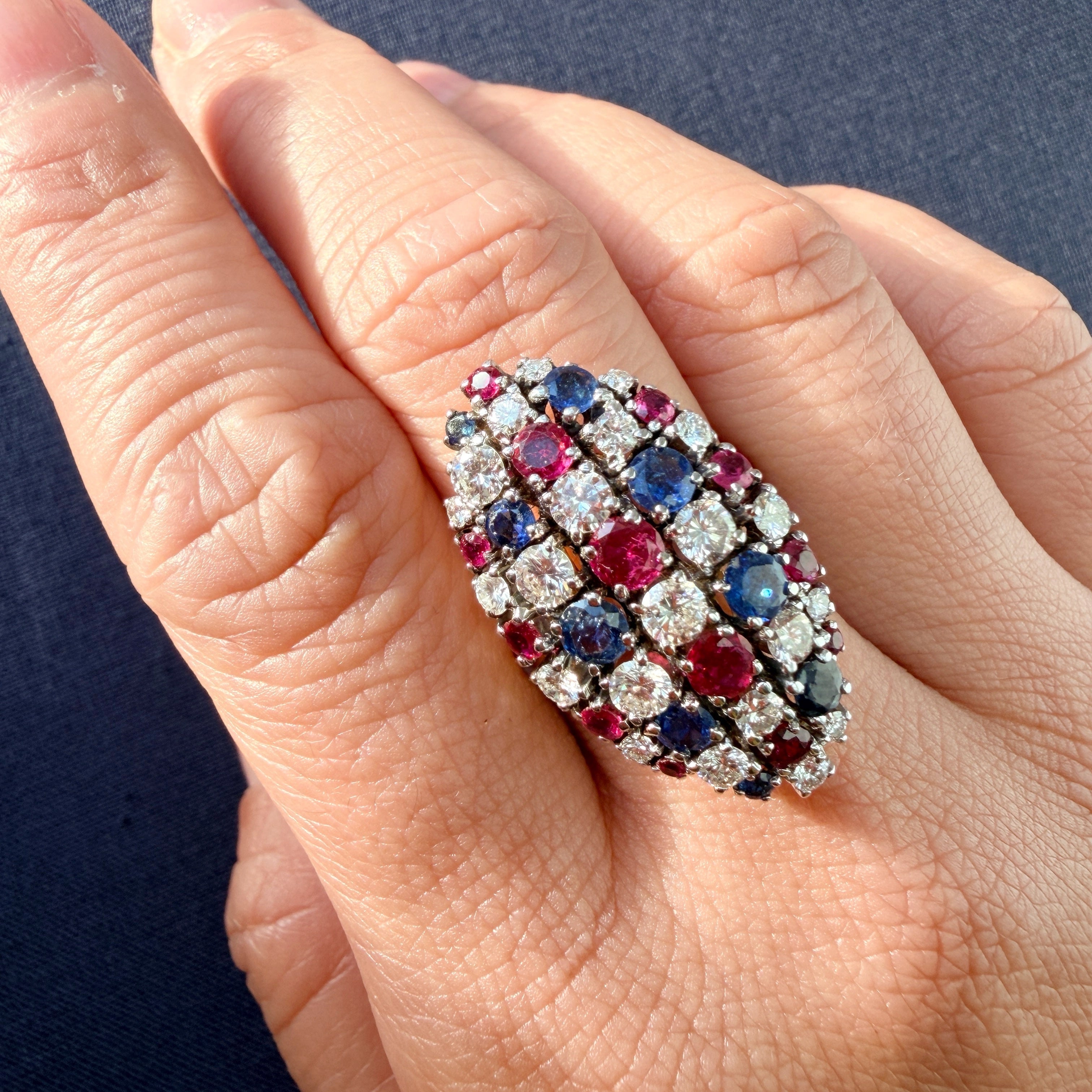 French Vintage 18K Gold Diamonds, Sapphires & Rubies marquise ring