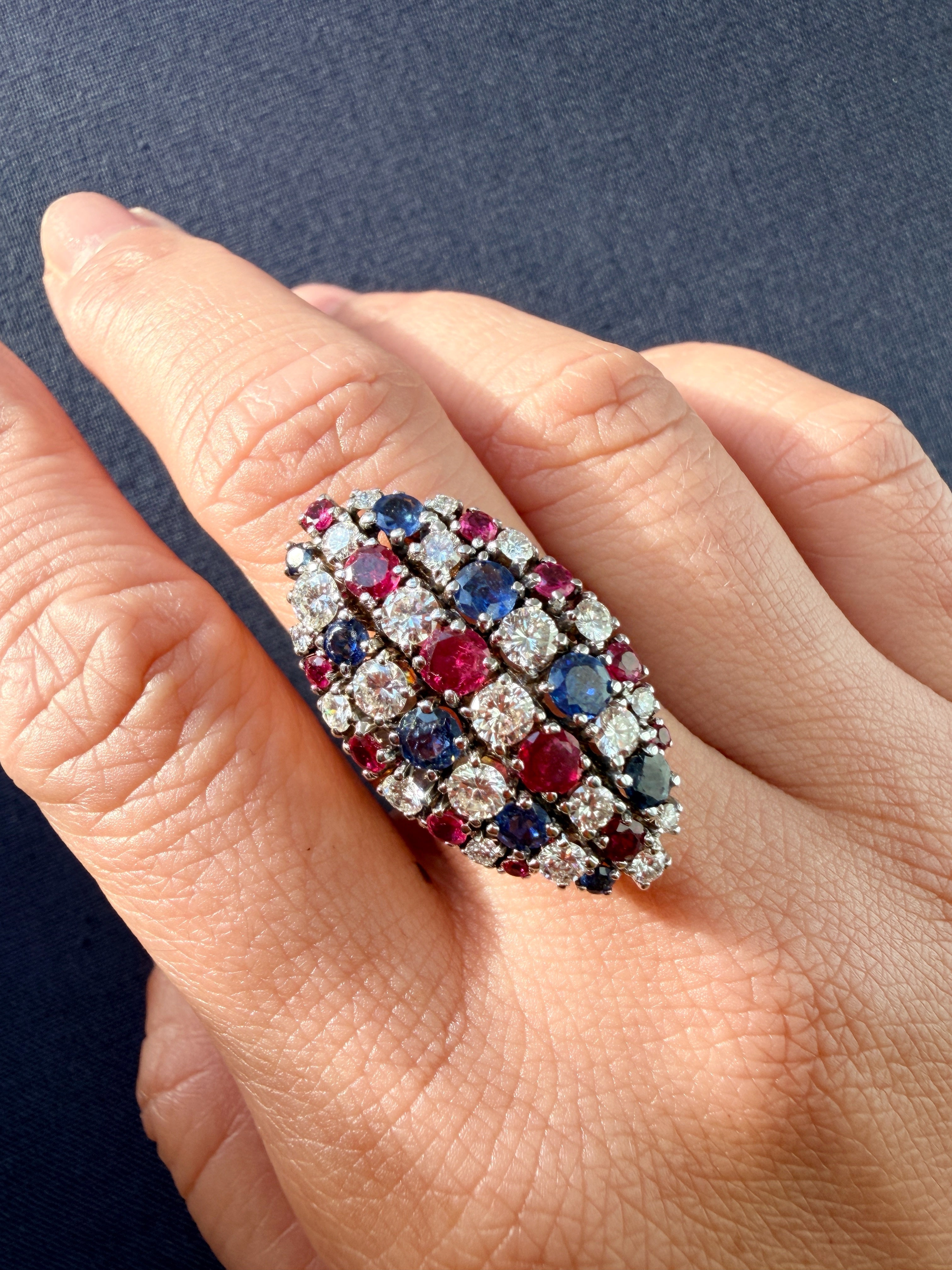 French Vintage 18K Gold Diamonds, Sapphires & Rubies marquise ring