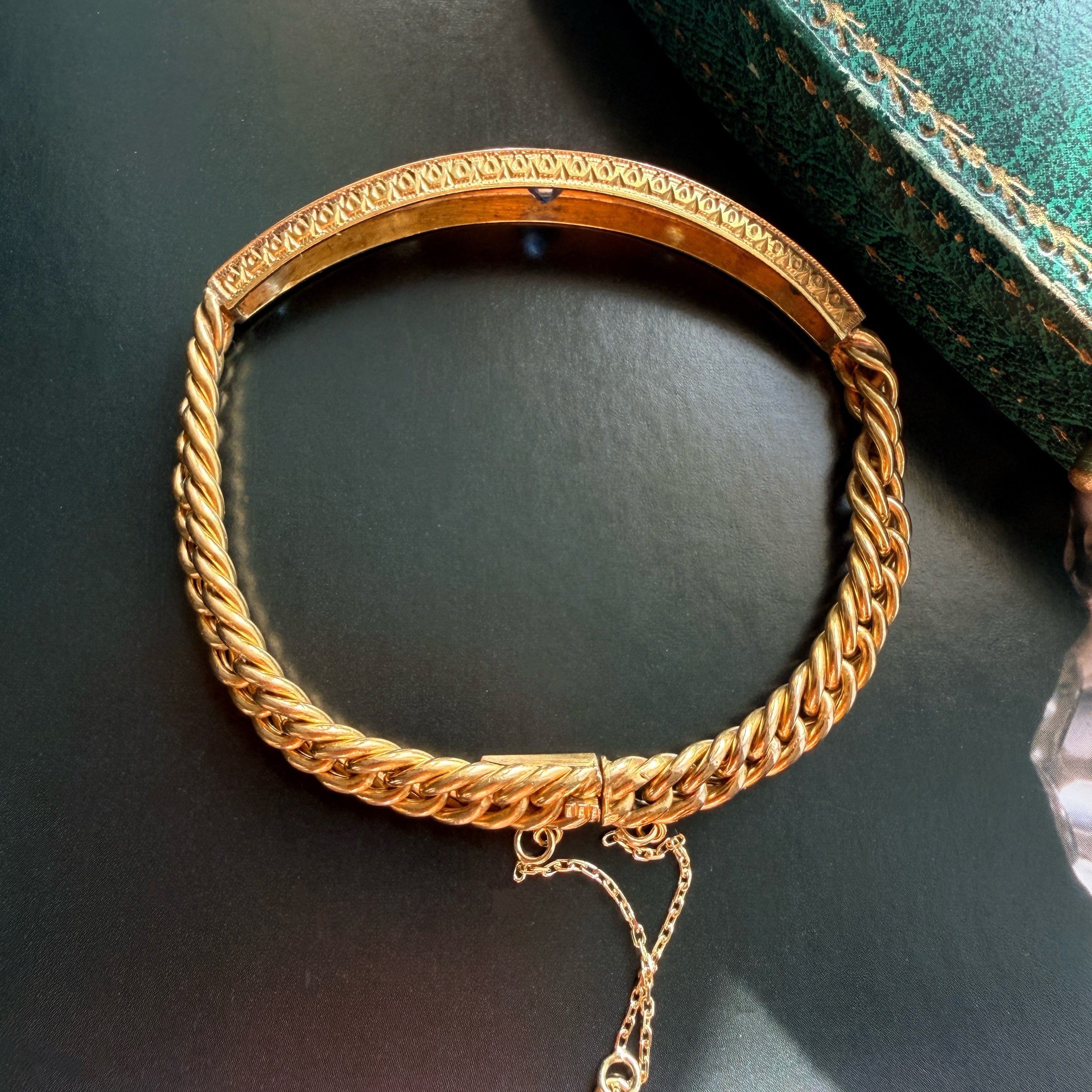 French antique 18K gold blue sapphire & diamond star curb link bracelet