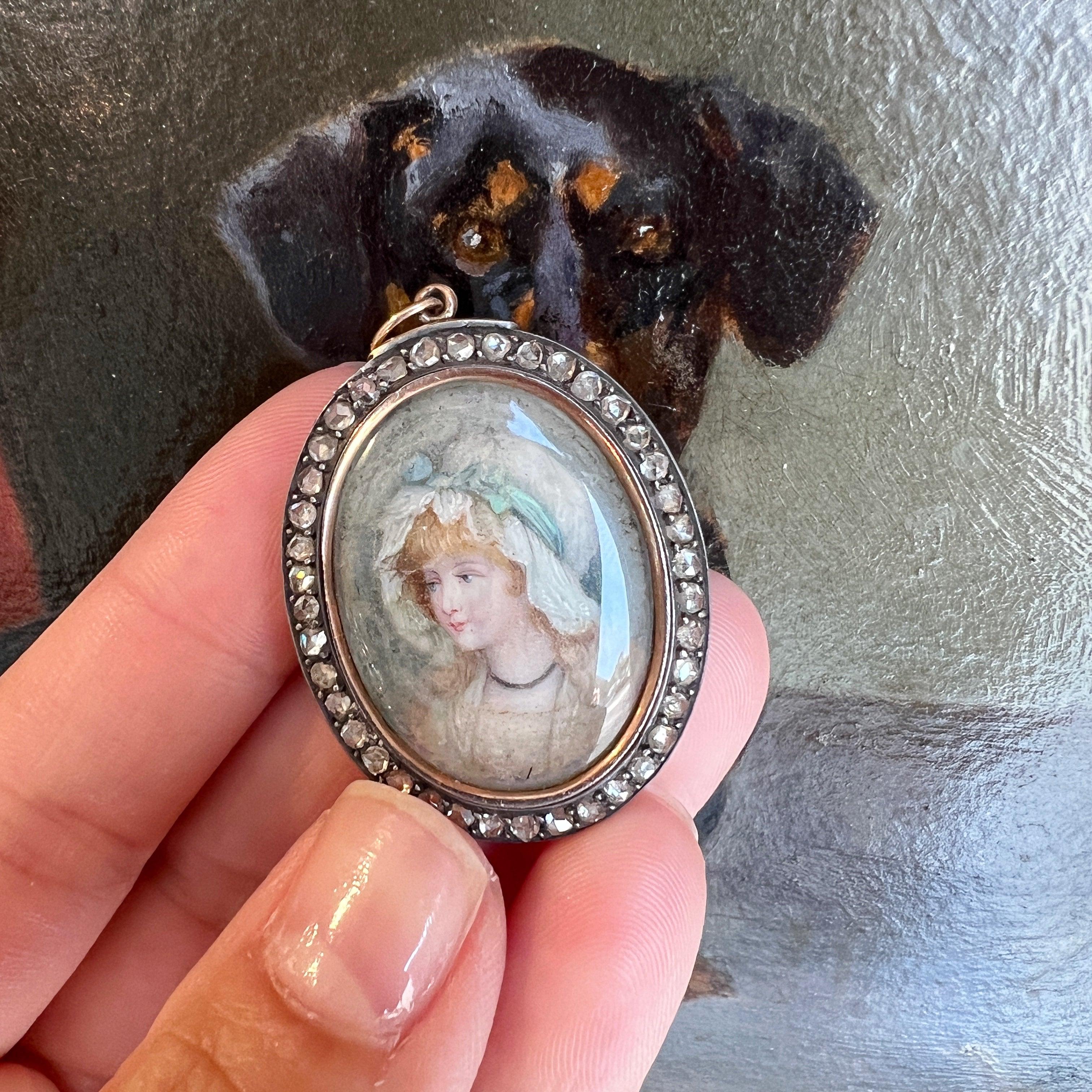 Victorian era 18K diamond miniature portrait pendant - Curiously timeless