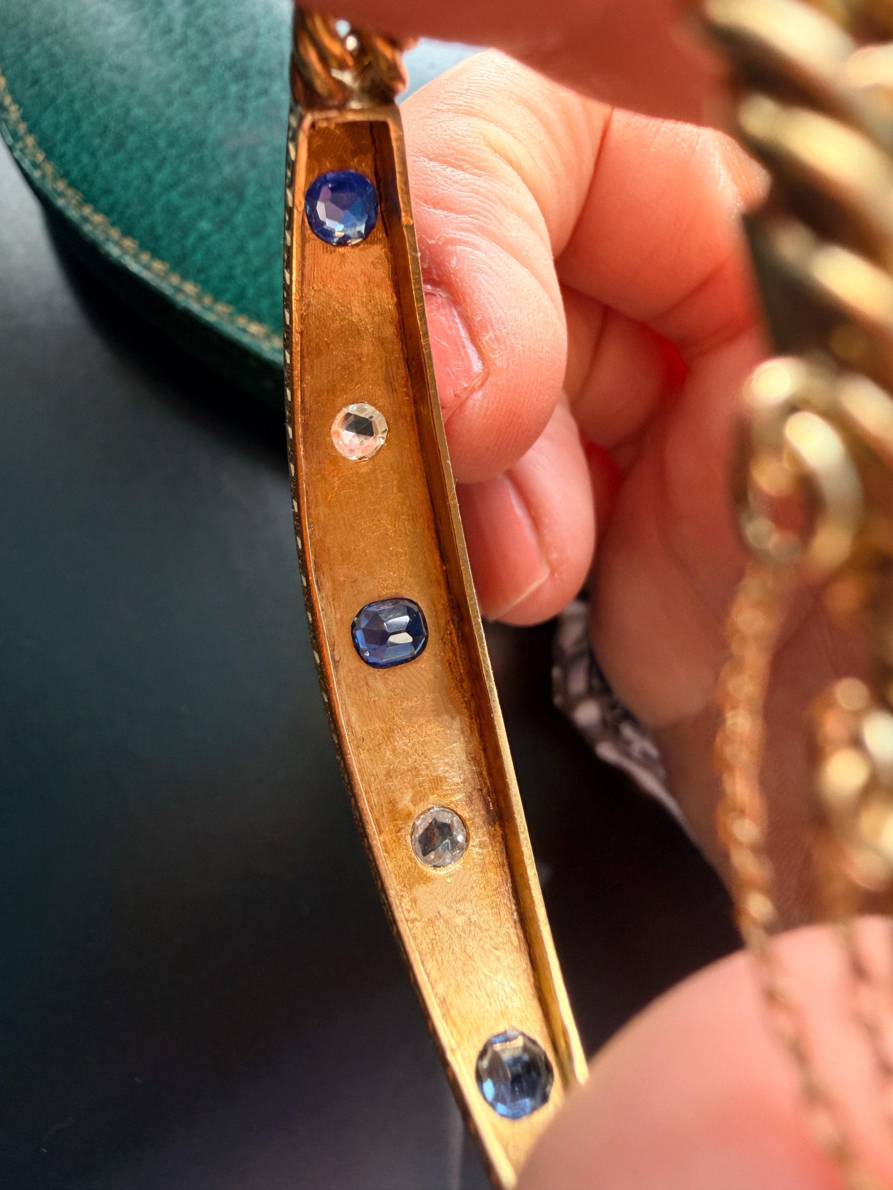 French antique 18K gold blue sapphire & diamond star curb link bracelet