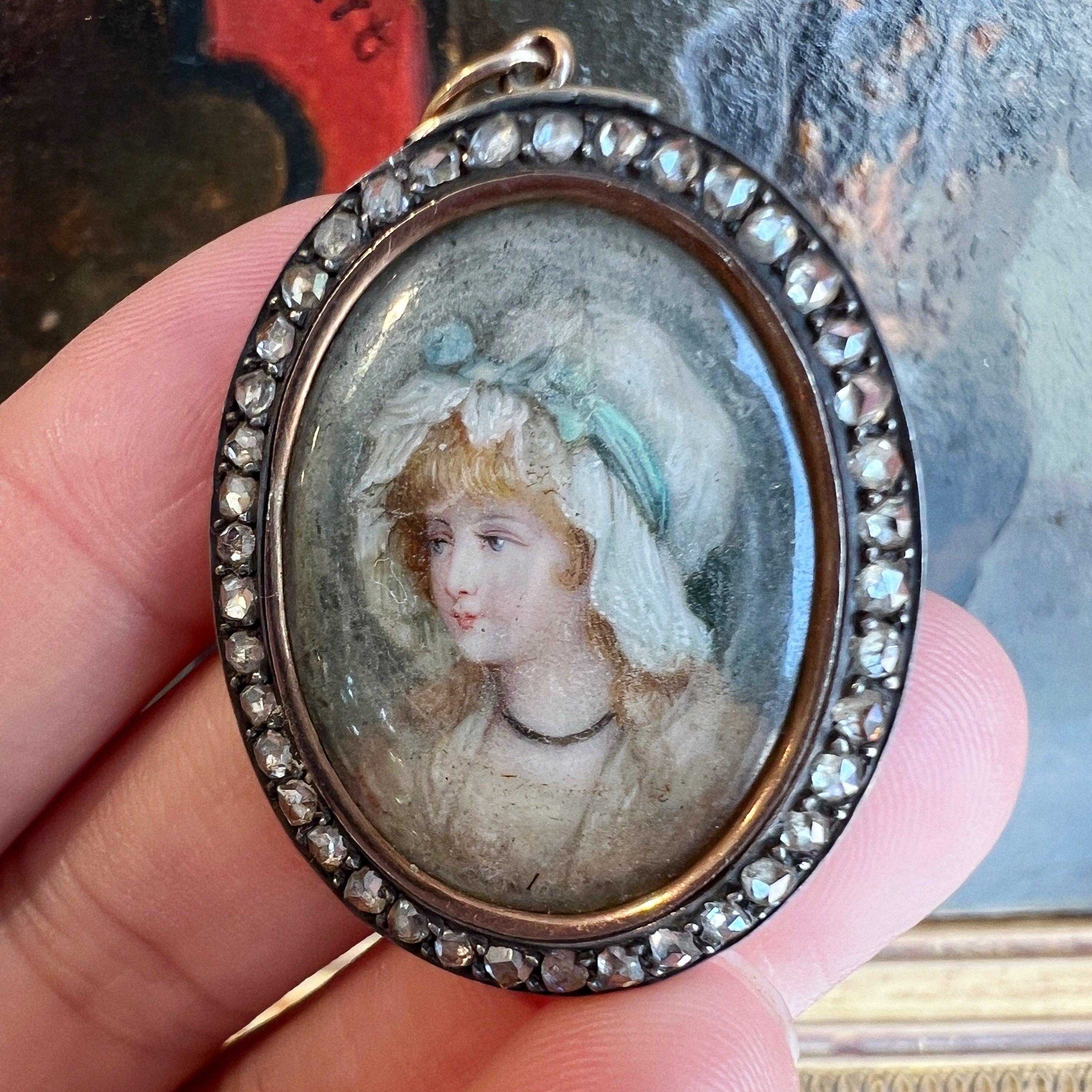 Victorian era 18K diamond miniature portrait pendant - Curiously timeless