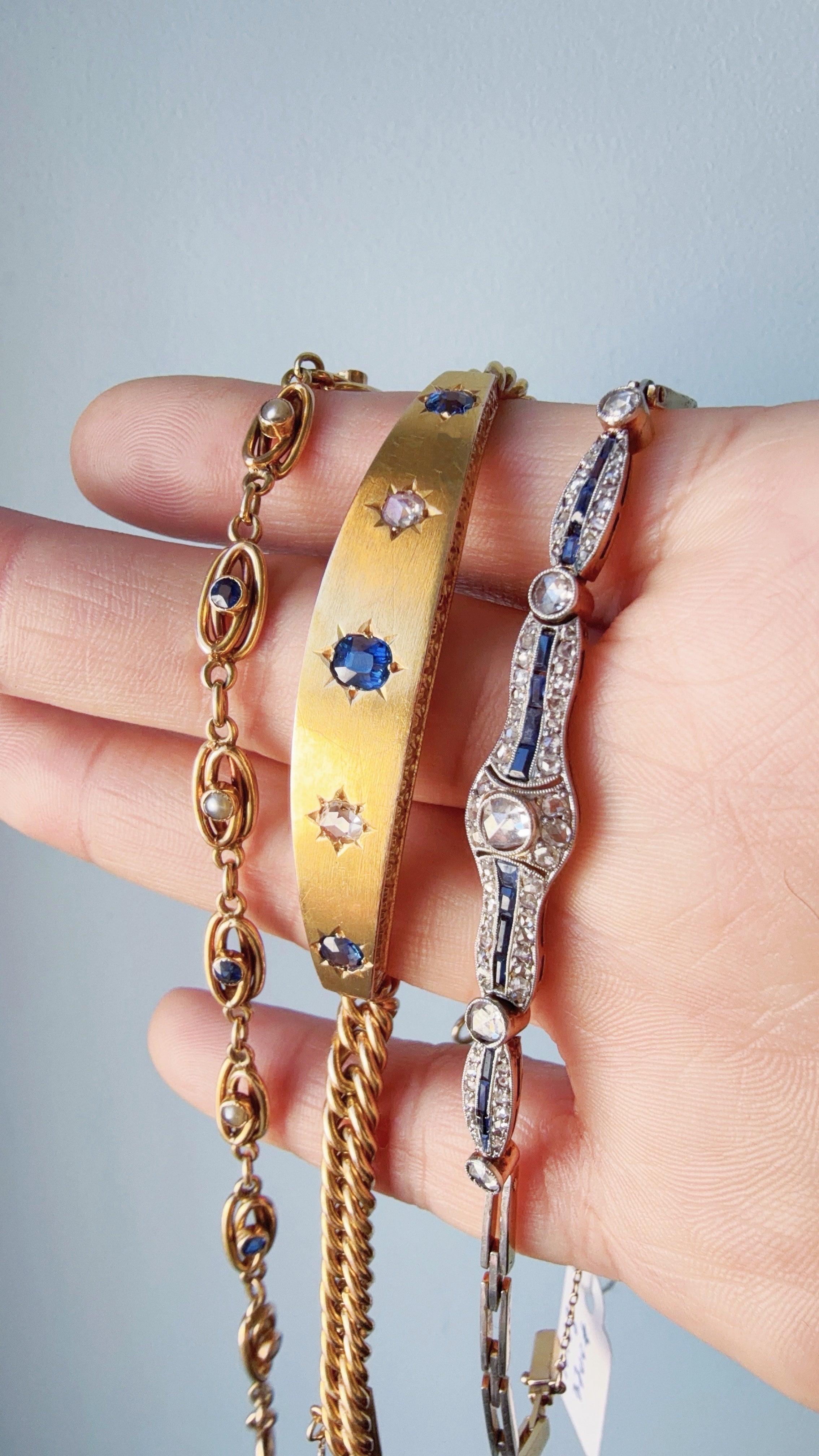 French antique 18K gold blue sapphire & diamond star curb link bracelet