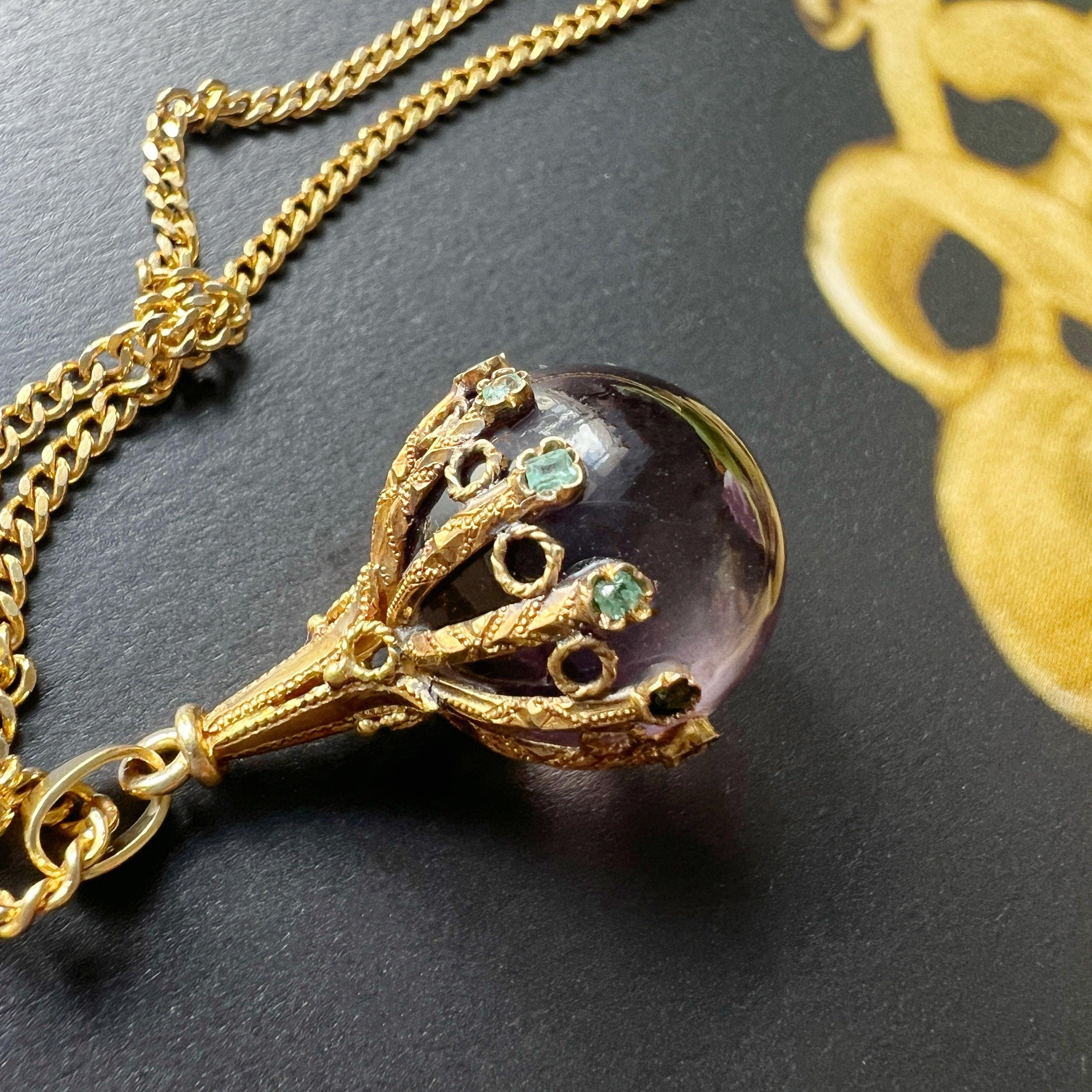 Victorian era 18K gold amethyst emeralds orb pendant - Curiously timeless