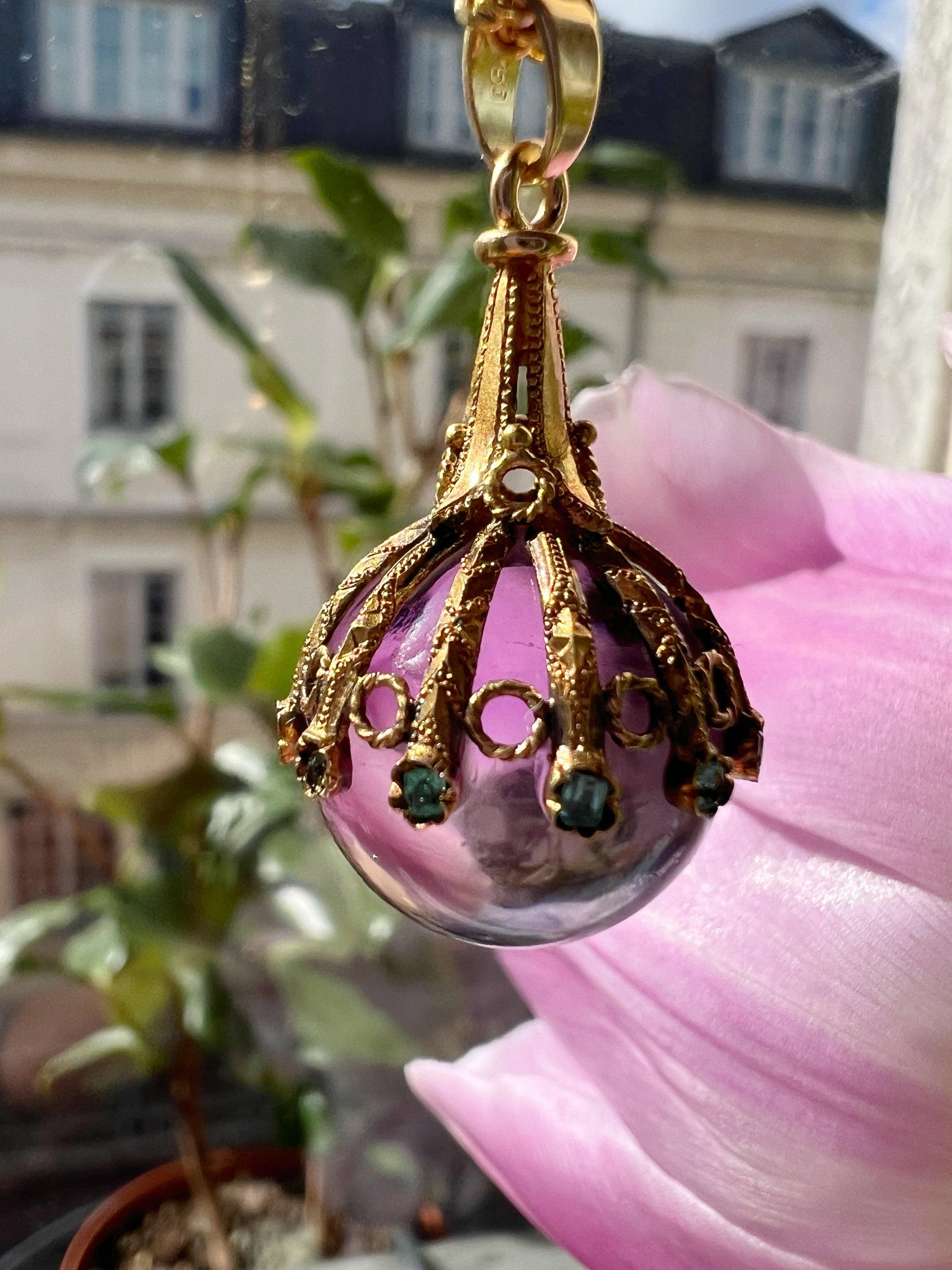 Victorian era 18K gold amethyst emeralds orb pendant - Curiously timeless