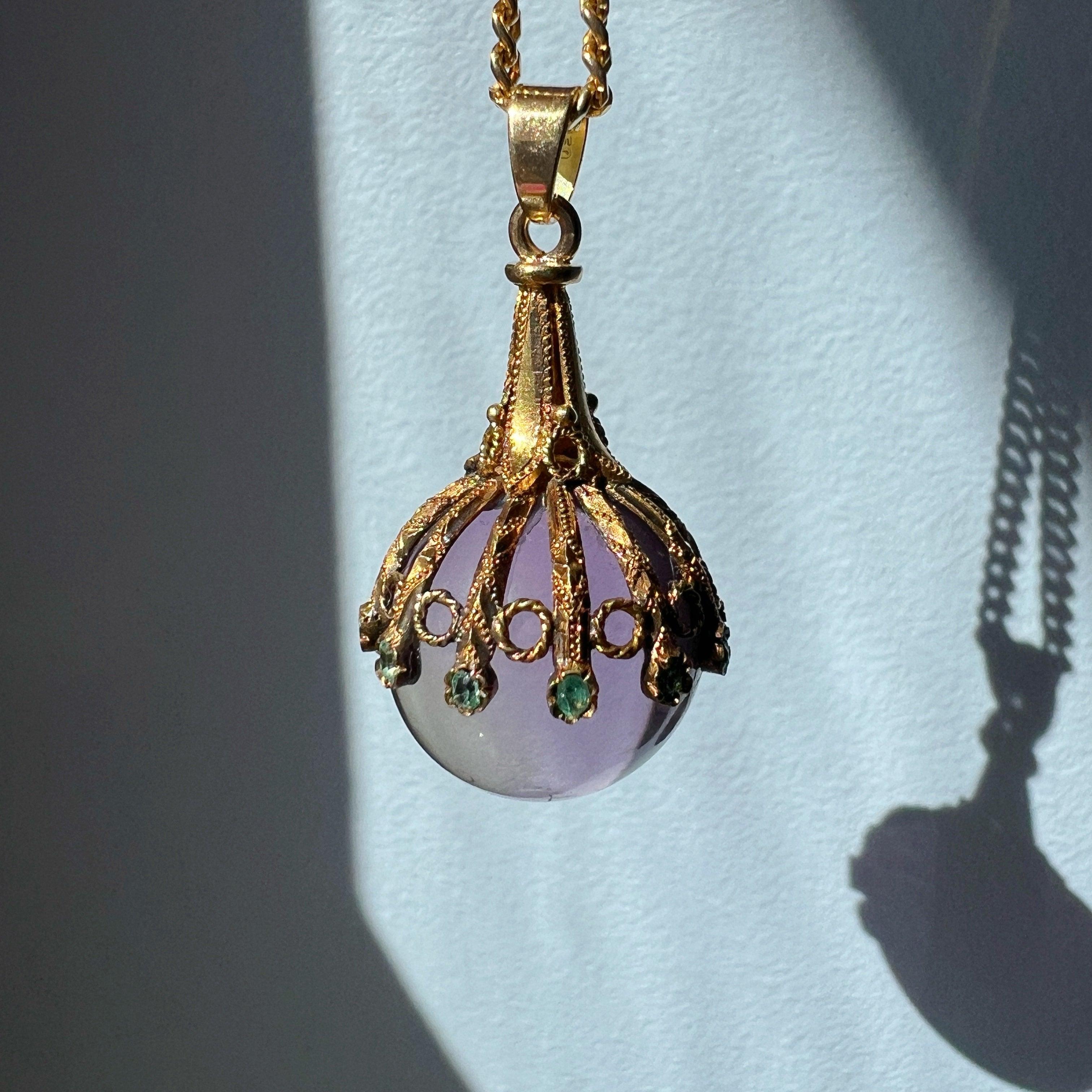 Victorian era 18K gold amethyst emeralds orb pendant - Curiously timeless