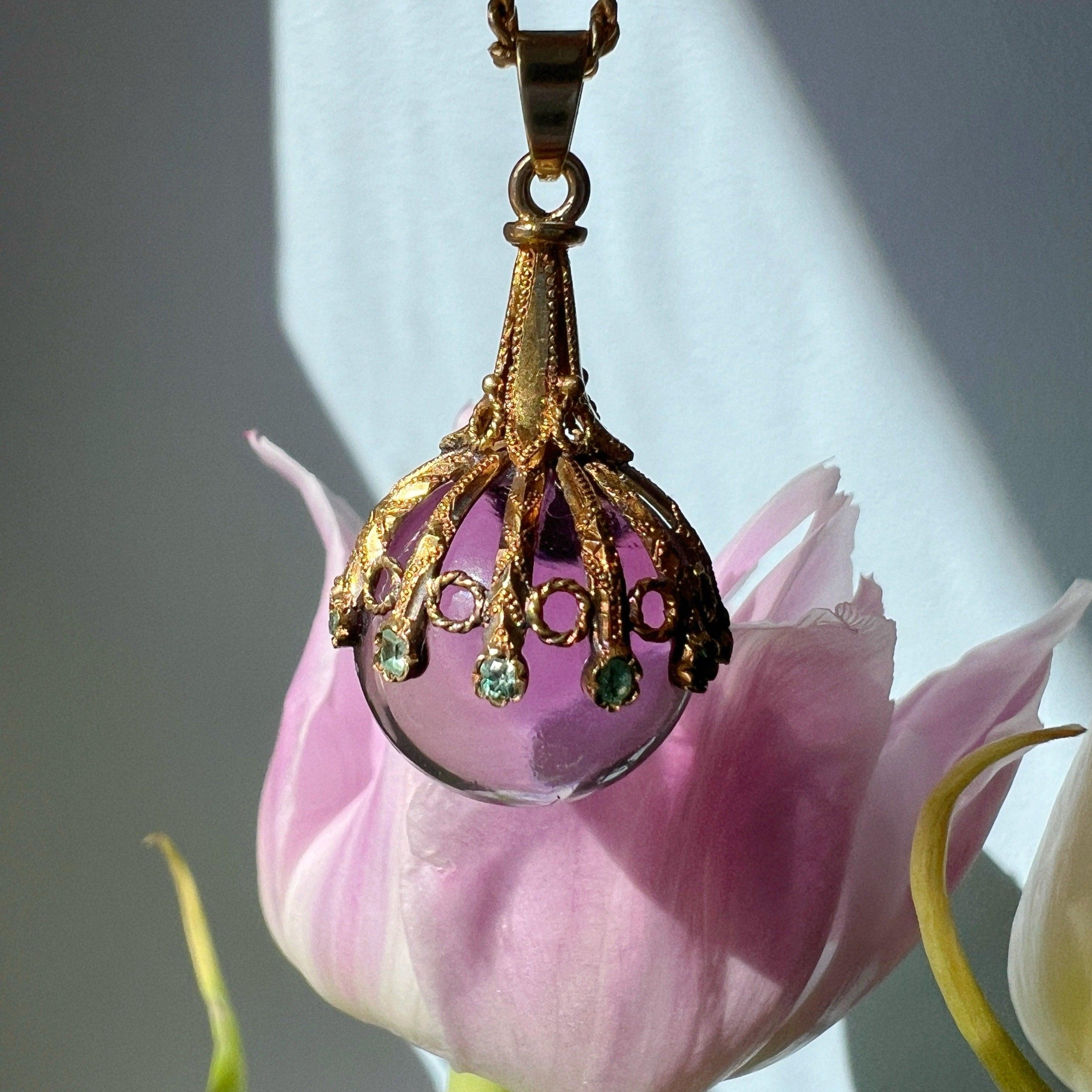 Victorian era 18K gold amethyst emeralds orb pendant - Curiously timeless