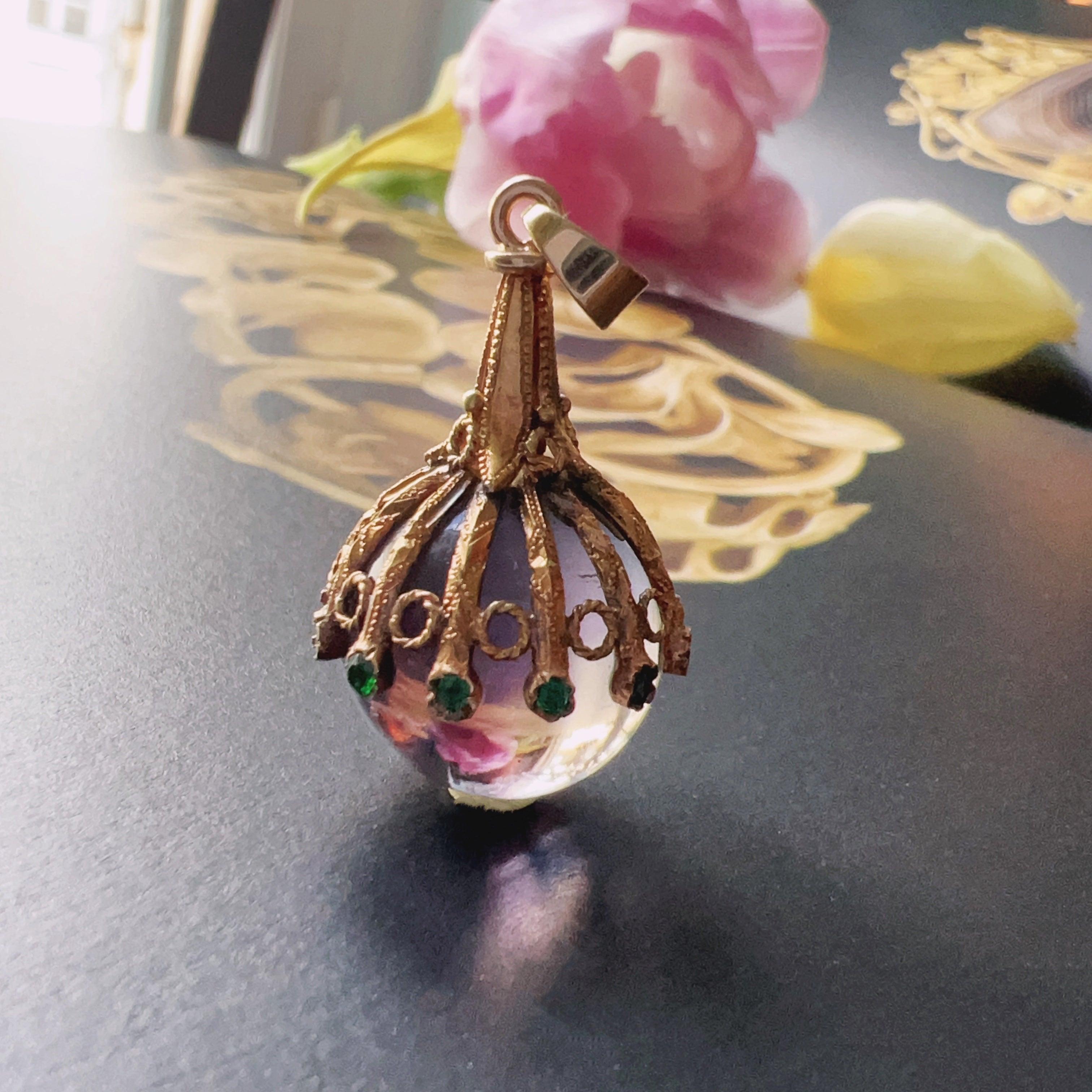 Victorian era 18K gold amethyst emeralds orb pendant - Curiously timeless