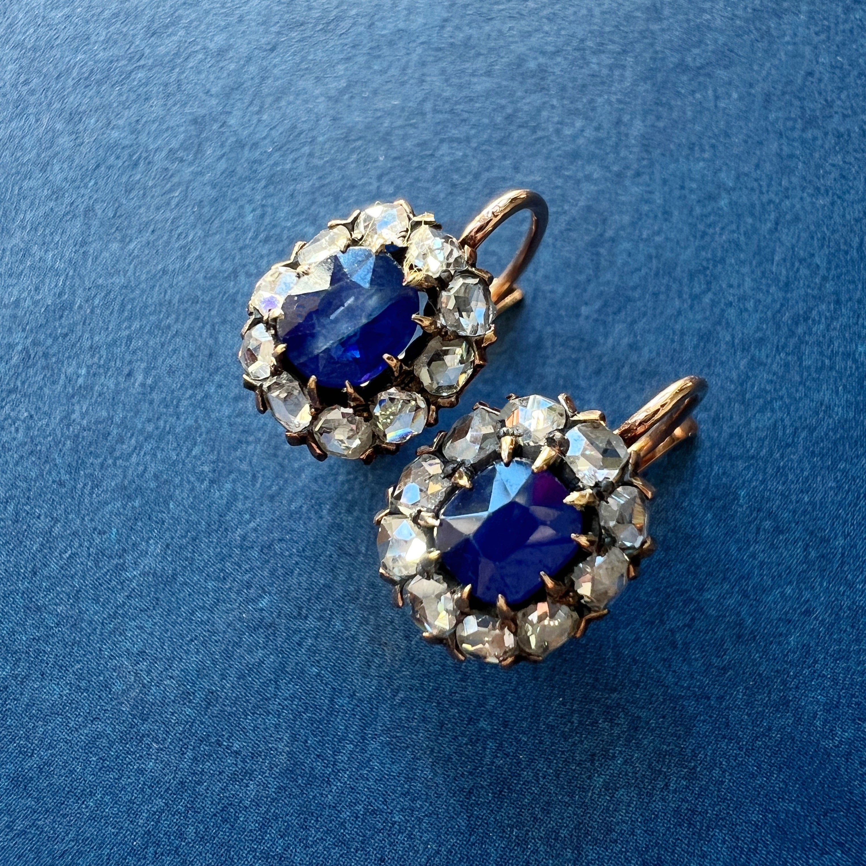 14k gold rose cut diamond and blue sapphires earrings