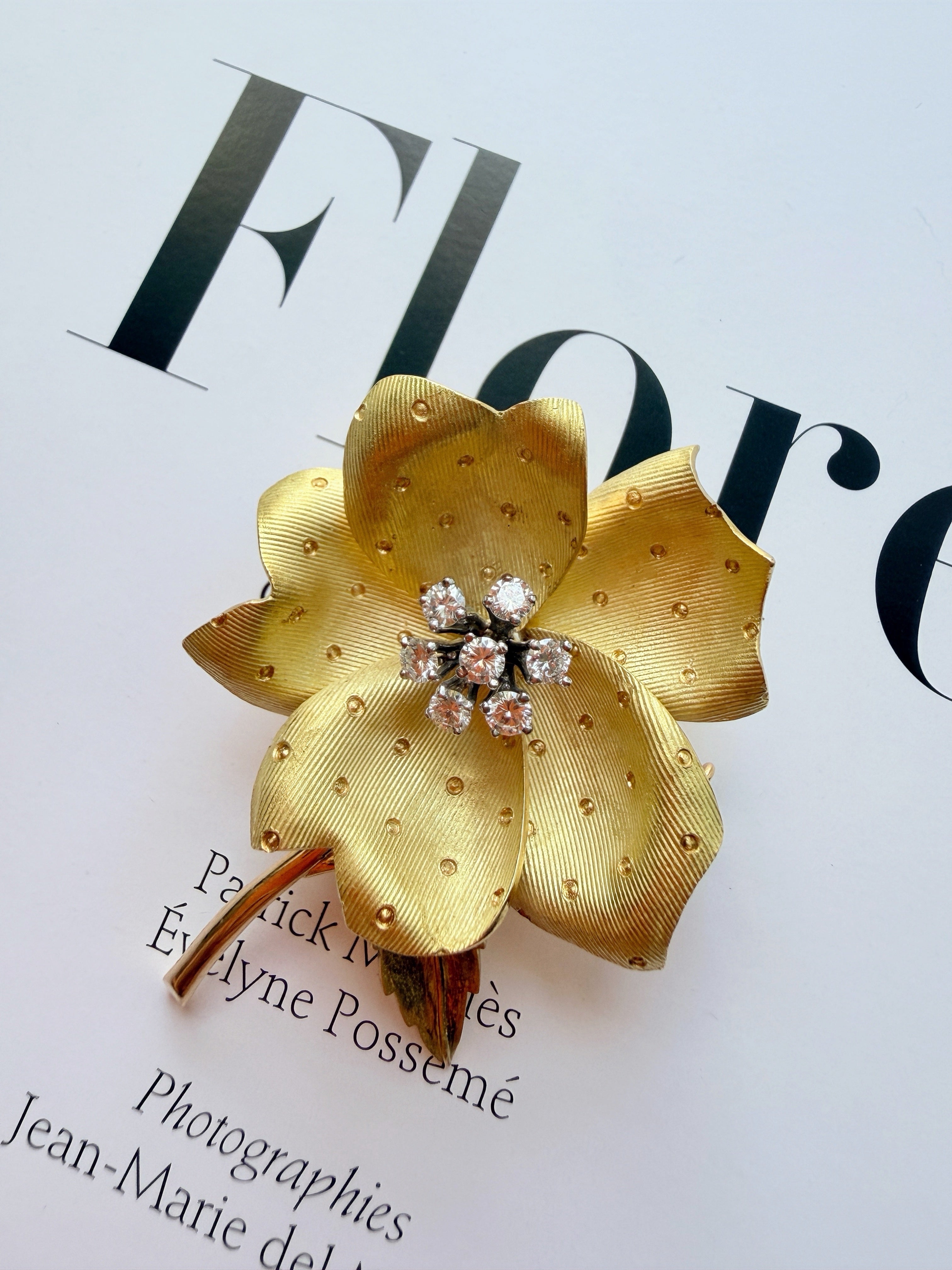 French 18K gold diamond rose flower brooch, by Chevrier Huot Didelot