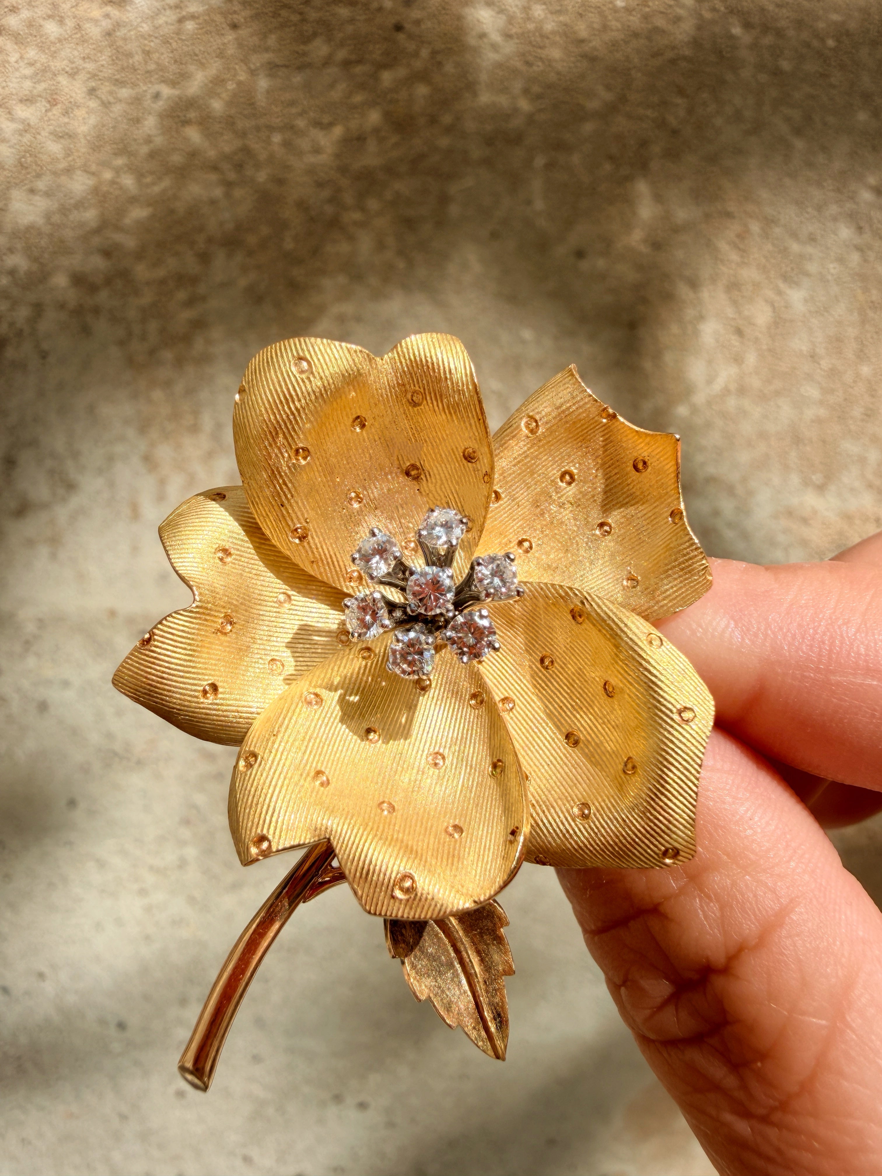French 18K gold diamond rose flower brooch, by Chevrier Huot Didelot