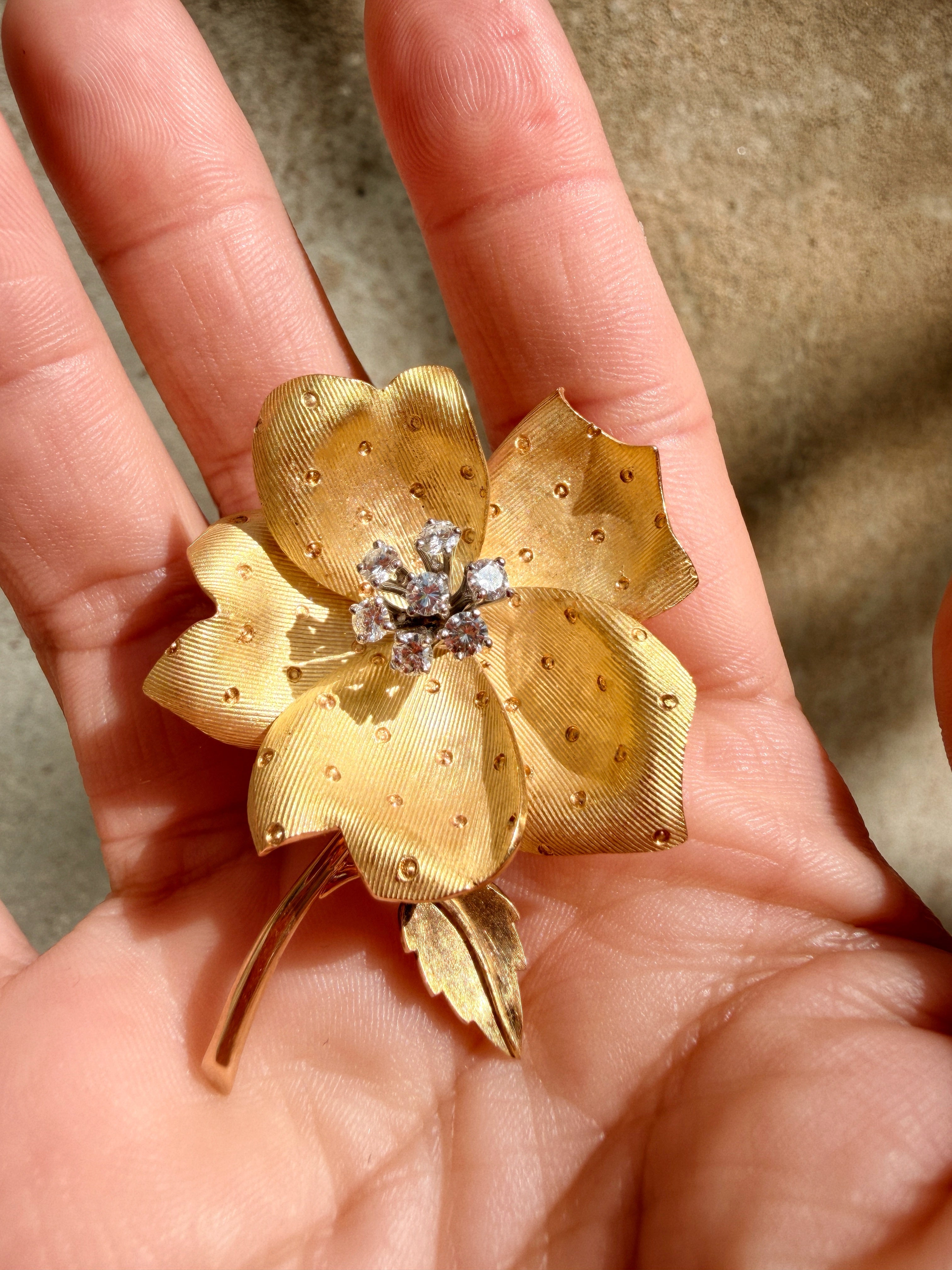 French 18K gold diamond rose flower brooch, by Chevrier Huot Didelot