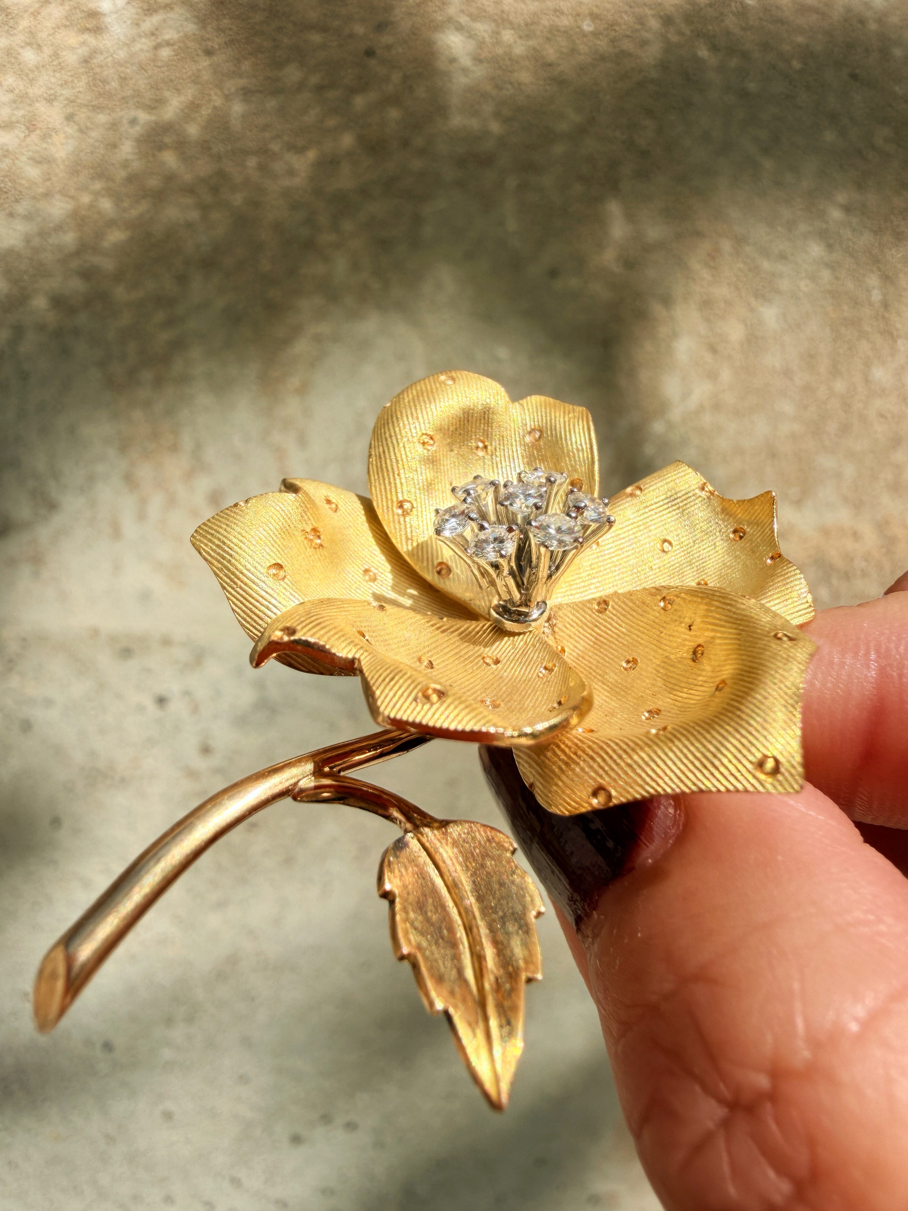 French 18K gold diamond rose flower brooch, by Chevrier Huot Didelot