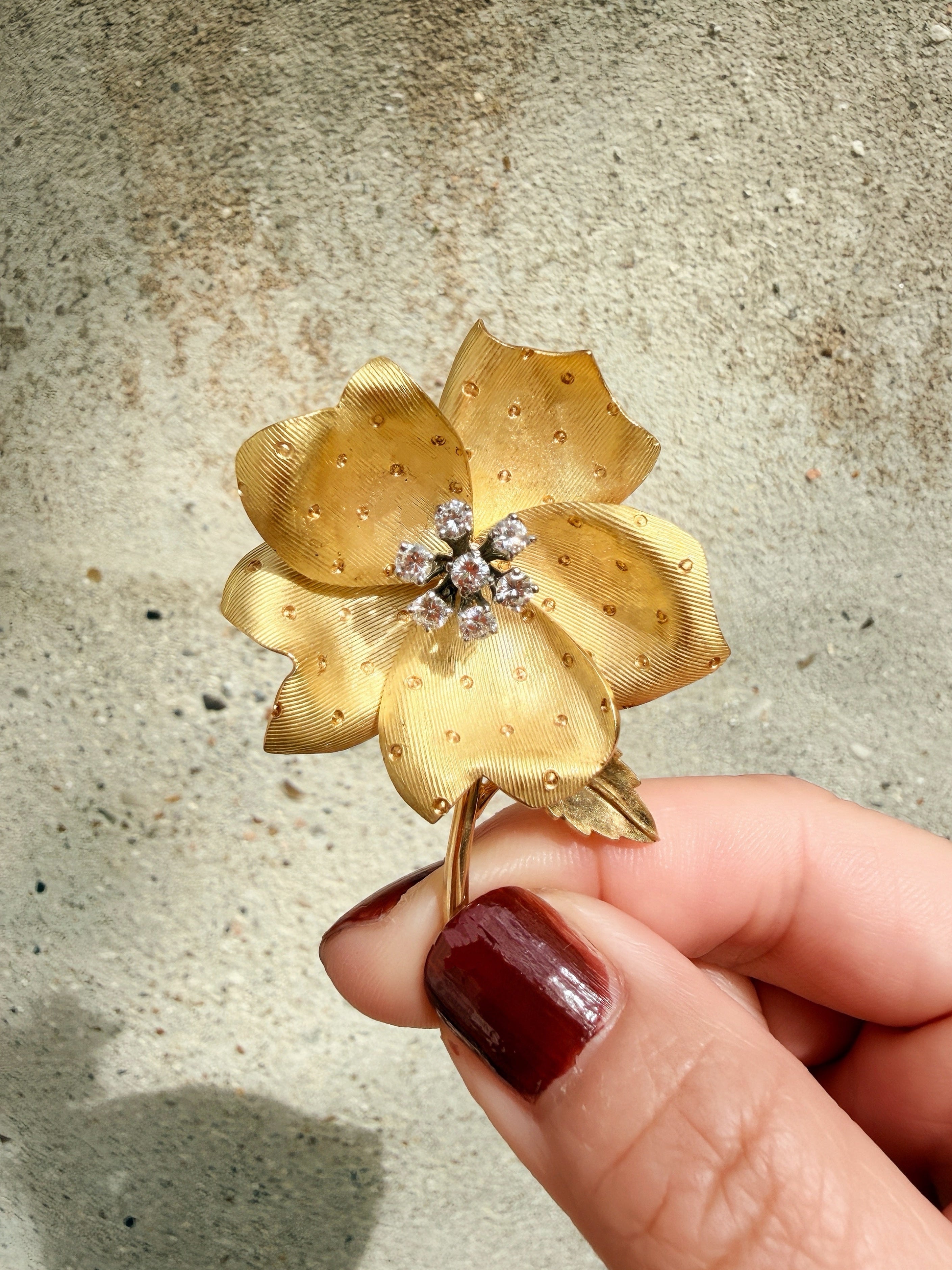 French 18K gold diamond rose flower brooch, by Chevrier Huot Didelot