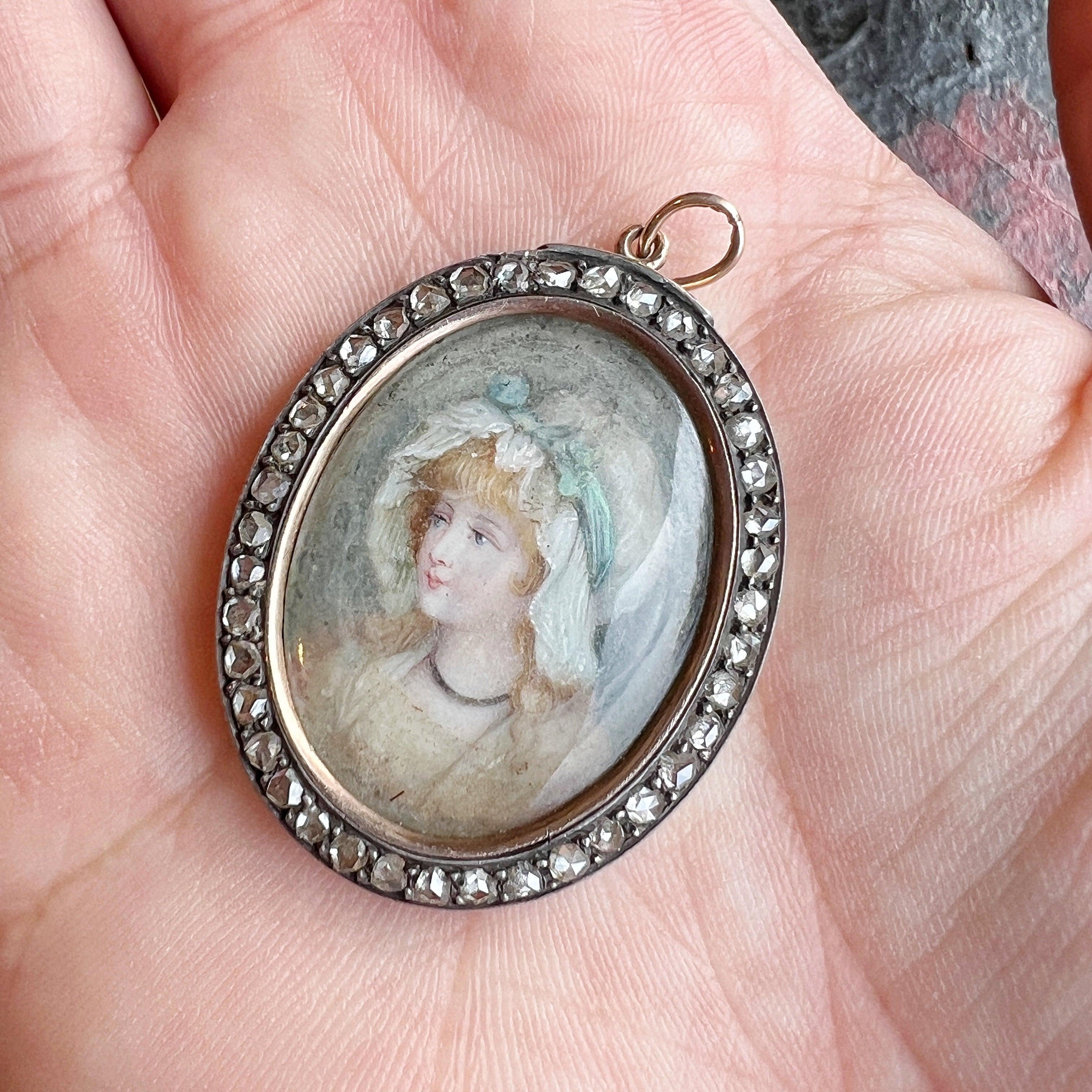 Victorian era 18K diamond miniature portrait pendant - Curiously timeless