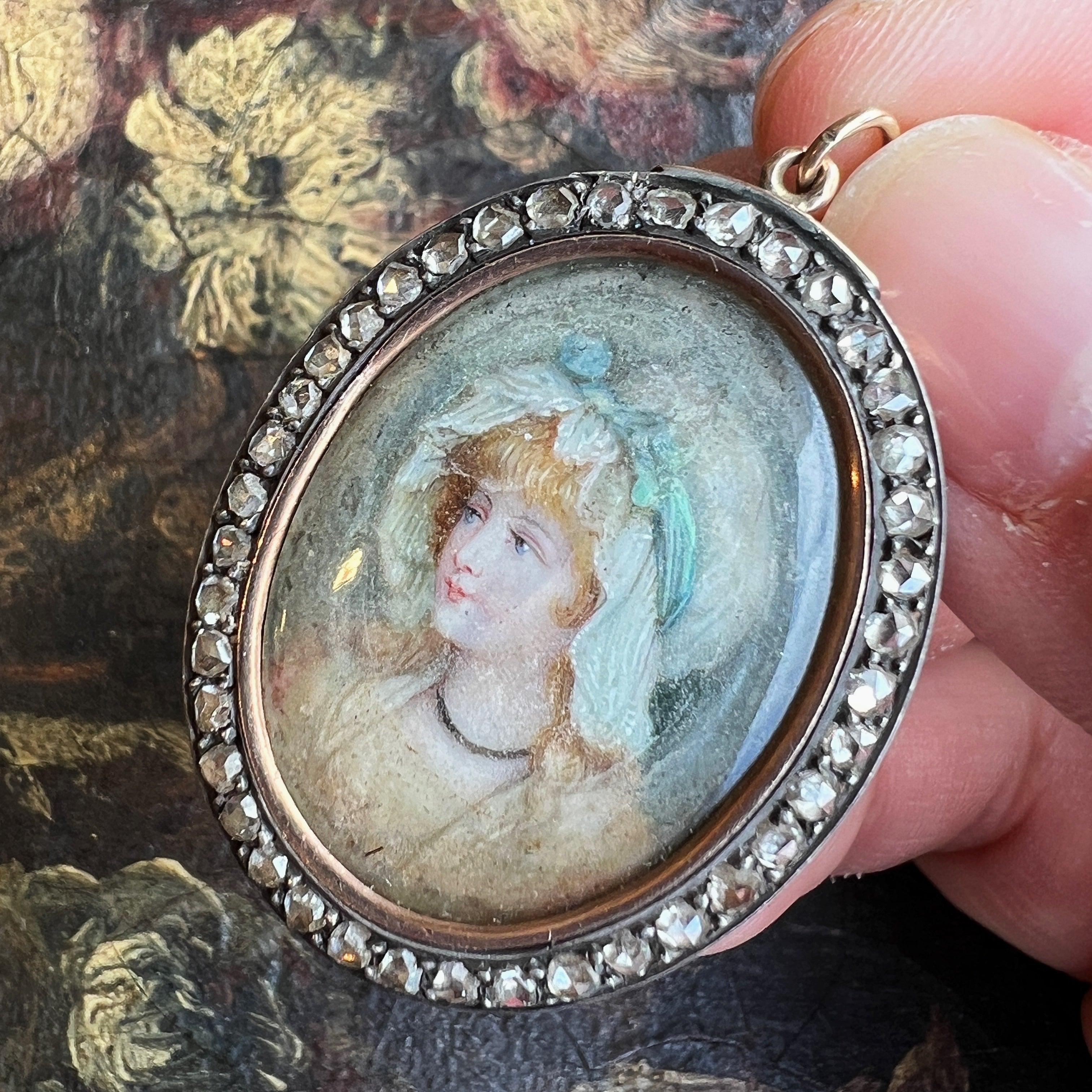 Victorian era 18K diamond miniature portrait pendant - Curiously timeless