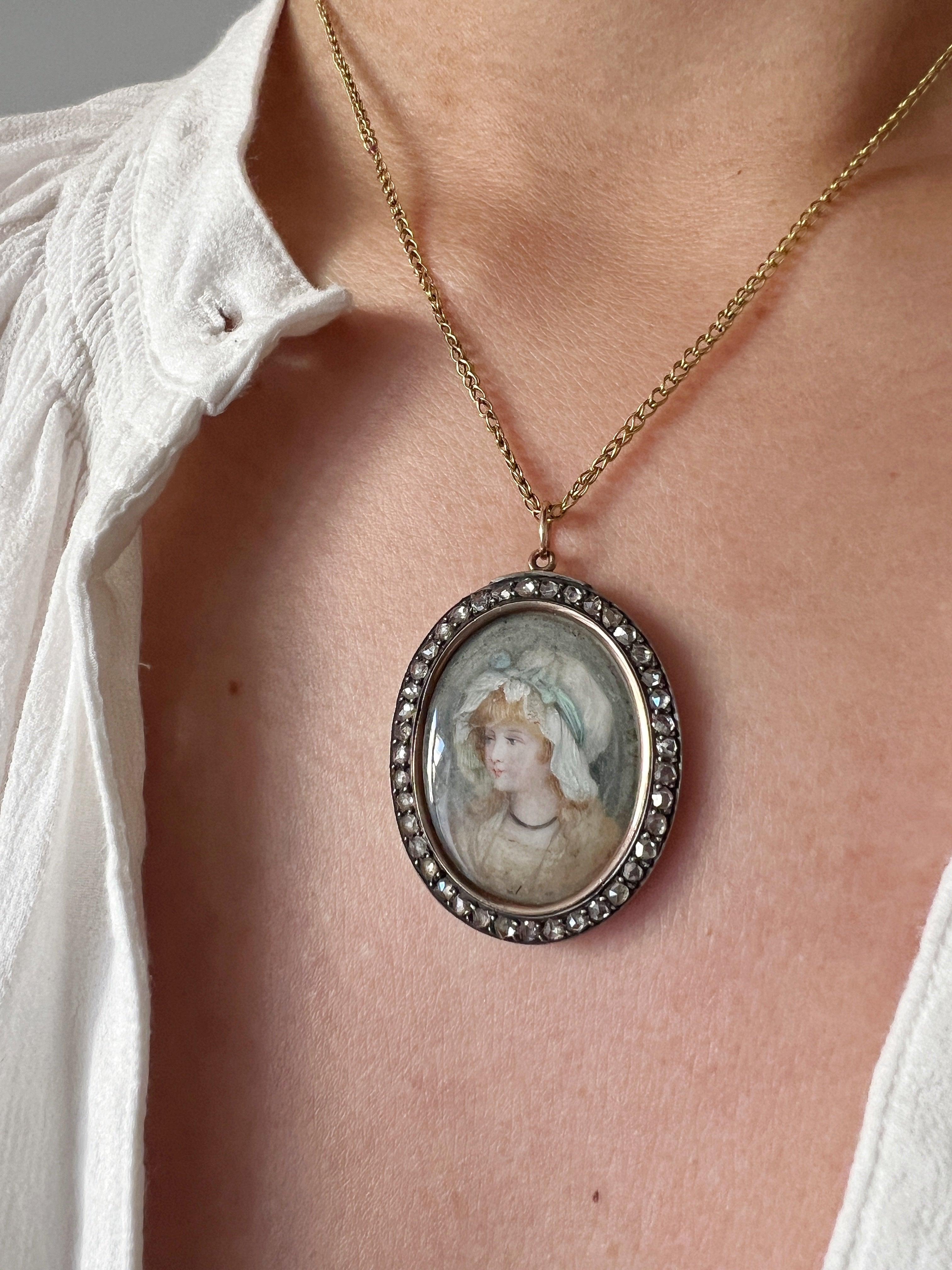 Victorian era 18K diamond miniature portrait pendant - Curiously timeless