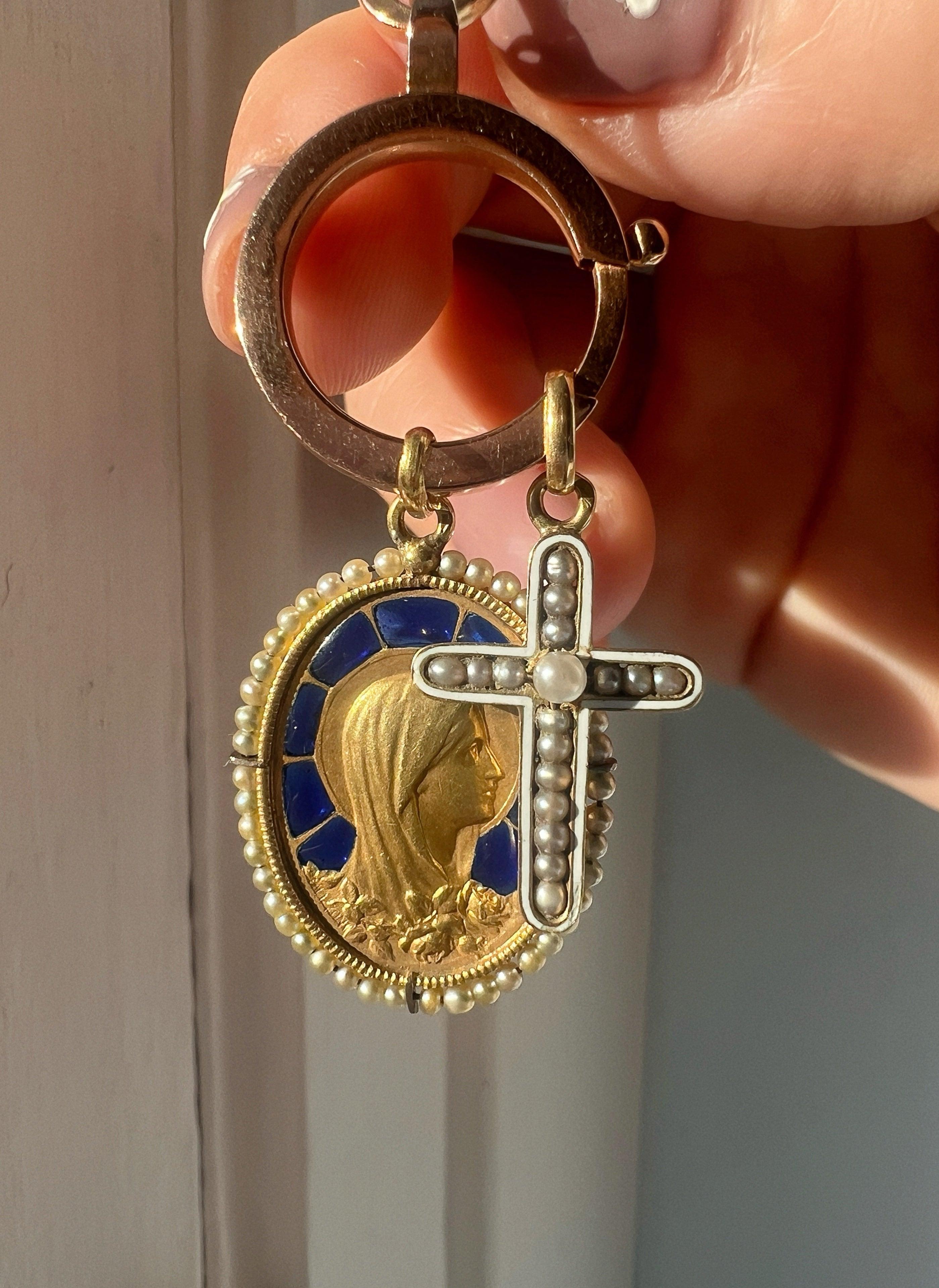 Antique Mazzoni 18K gold plique à jour enamel Mary medal pendant - Curiously timeless