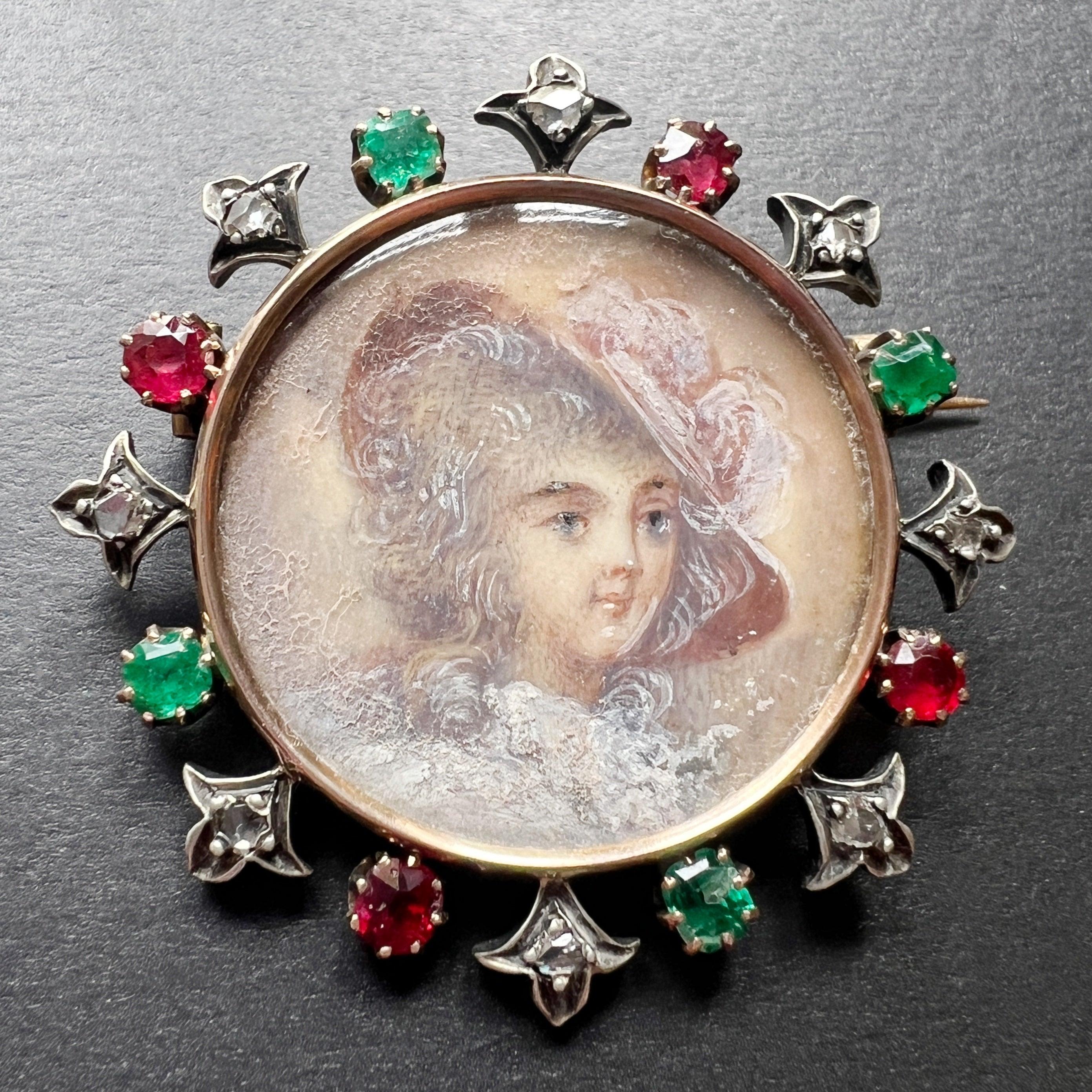 Victorian 18K miniature portrait brooch with diamonds emeralds and rubies - Curiously timeless