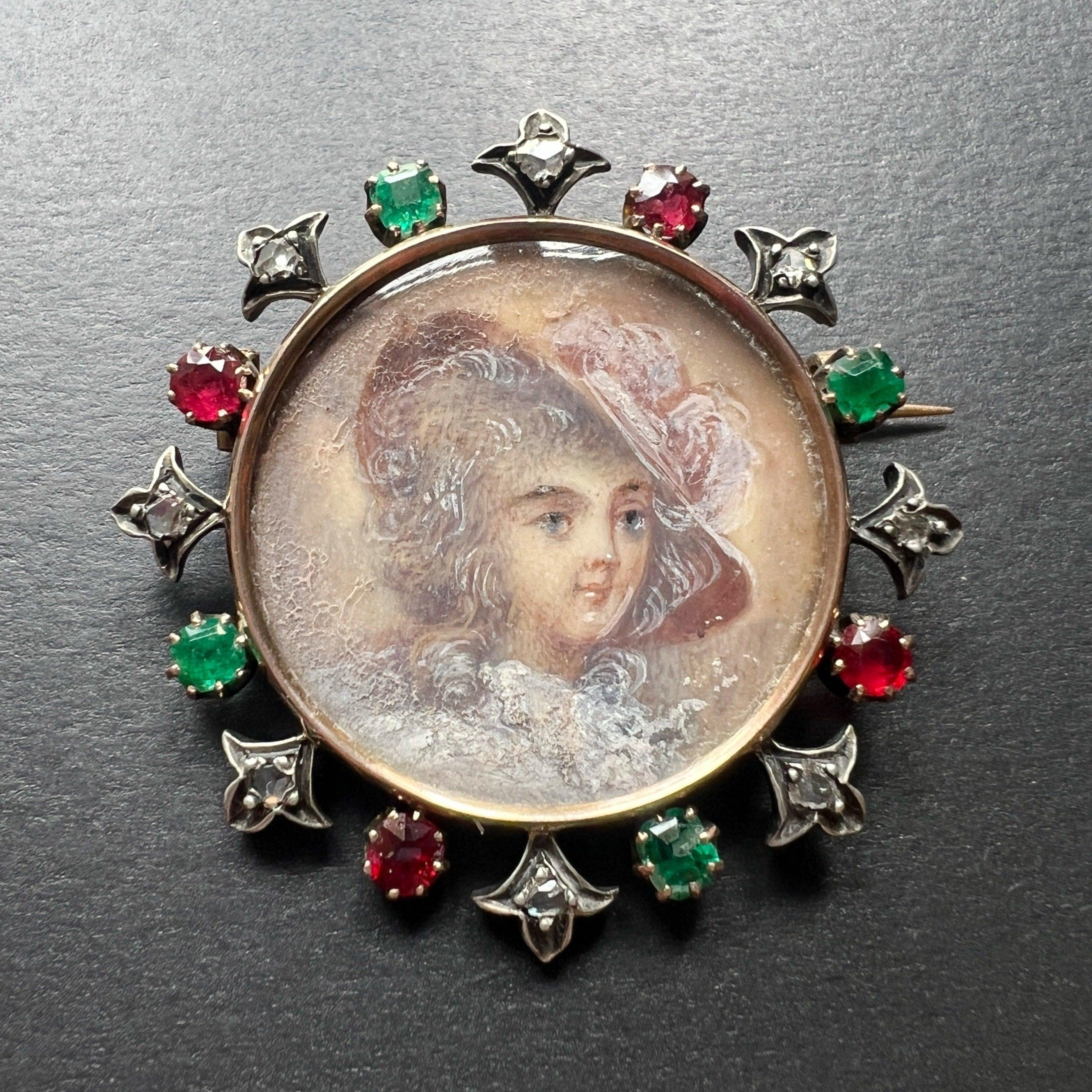 Victorian 18K miniature portrait brooch with diamonds emeralds and rubies - Curiously timeless