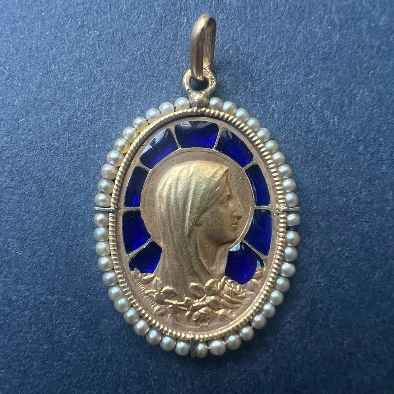 Antique Mazzoni 18K gold plique à jour enamel Mary medal pendant - Curiously timeless