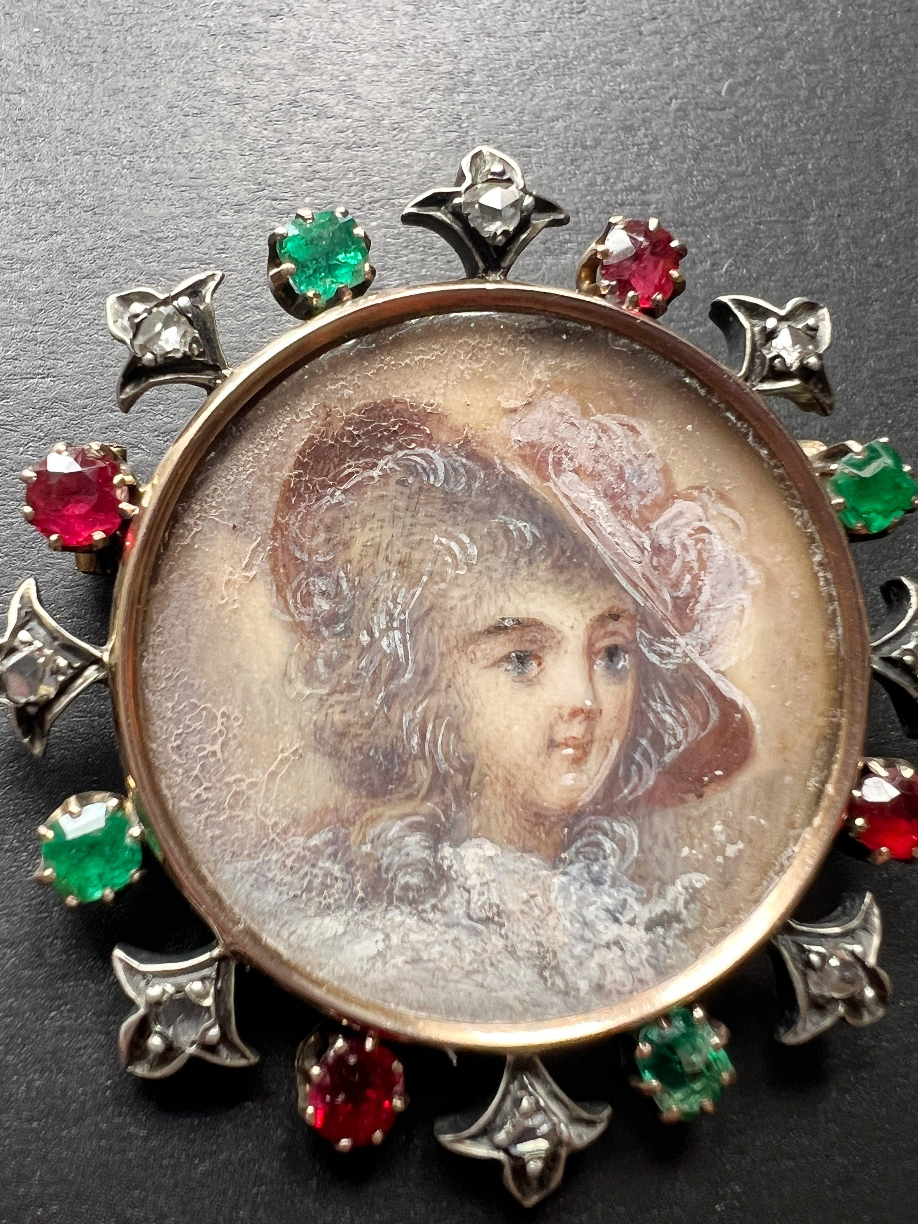 Victorian 18K miniature portrait brooch with diamonds emeralds and rubies - Curiously timeless