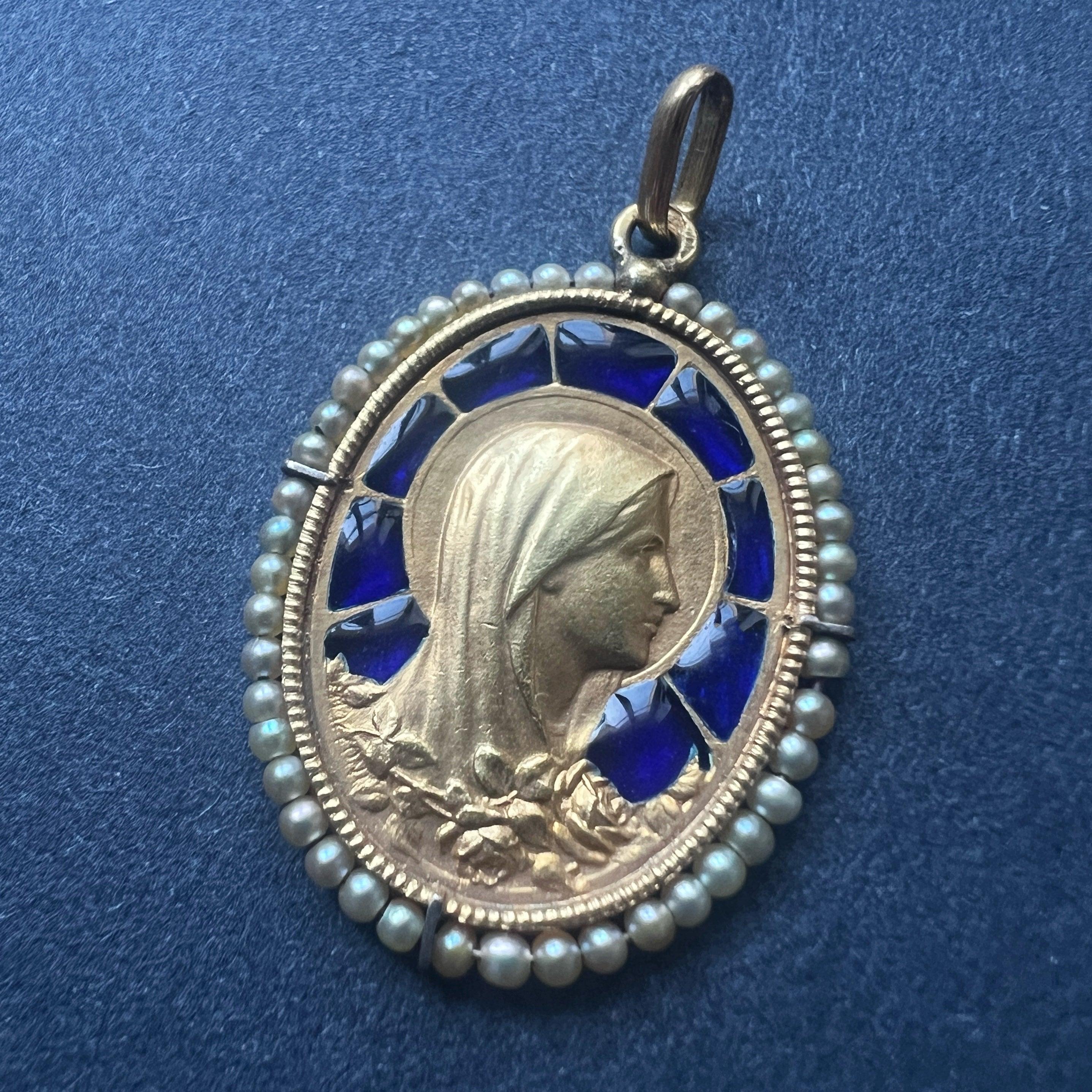 Antique Mazzoni 18K gold plique à jour enamel Mary medal pendant - Curiously timeless